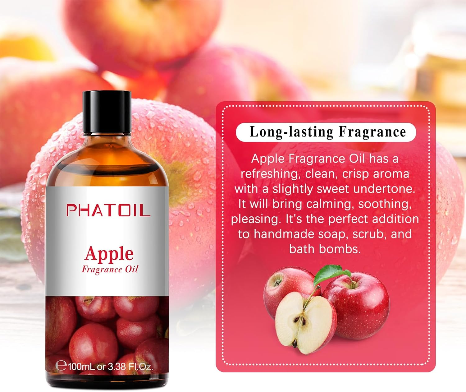 PHATOIL Apple Fragrance Oils 100ML/3.38FL.OZ, Essential Oils for Diffuser, Humidifier, Aromatherapy, DIY Candle, Soap and Scented Products Making image number 4