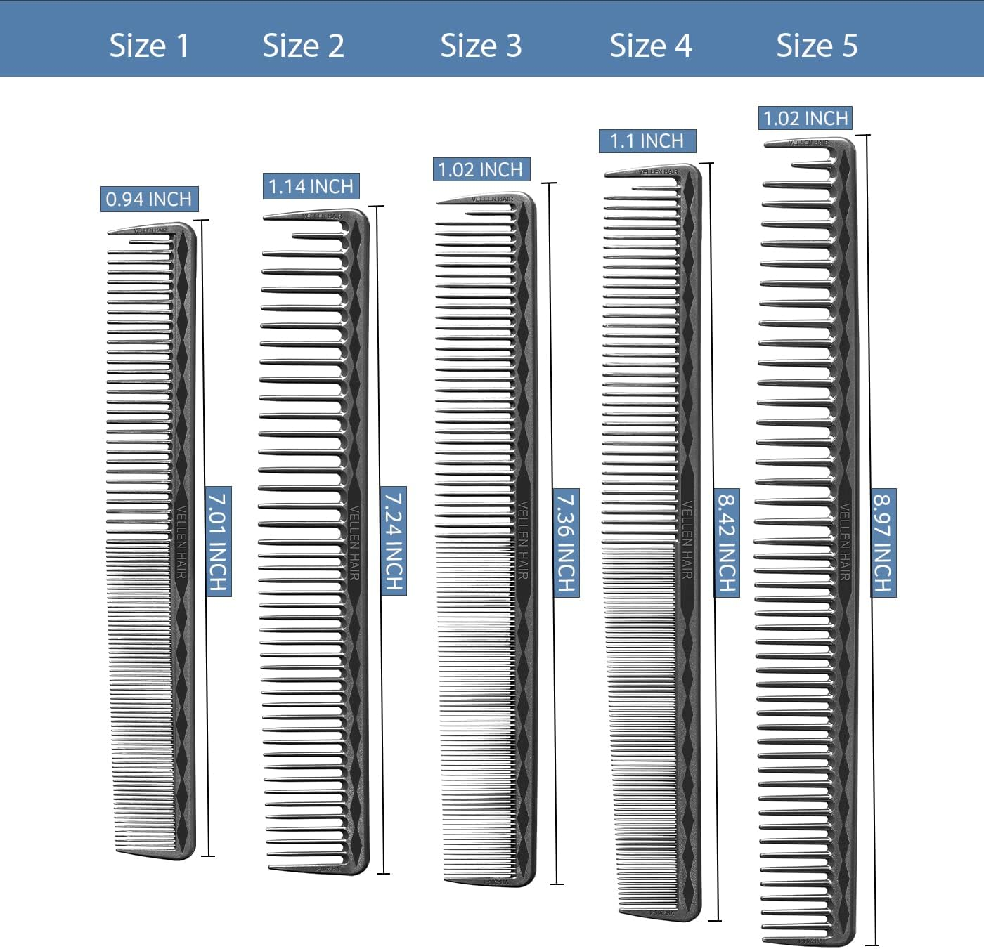 Vellen Hair Ultimate Cutting Comb for Men Women, Unbreakable PEI Material 430&deg;F Heat Resistant Barber Styling Combs for Hairdressers , Little Combs Fine Teeth and Extra Wide Tooth Combs for Hair Stylist , 5-Pack Different Sizes (Black) image number 3