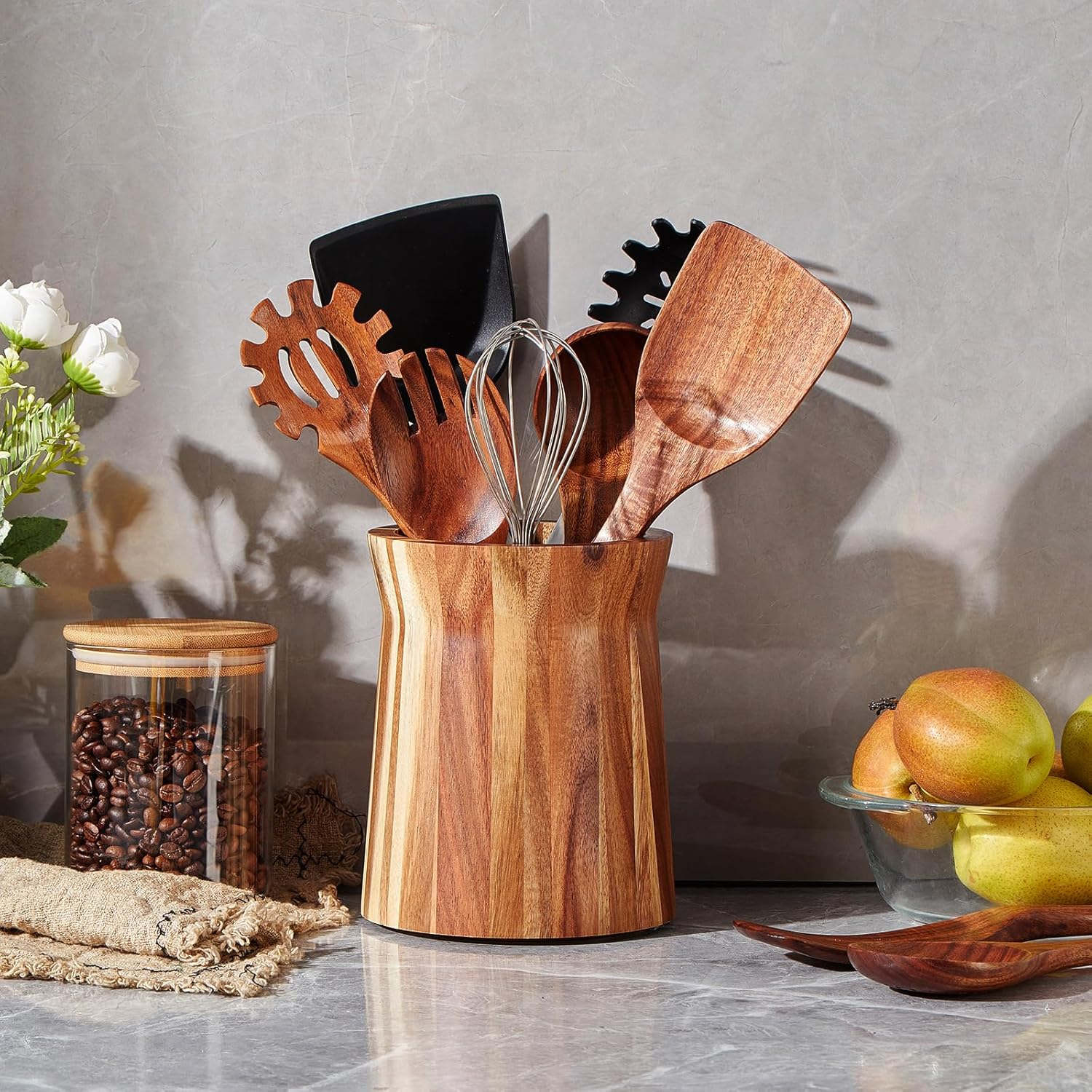 LOHONER Wooden Utensil Holder for Countertop, 360&deg; Rotating Kitchen Utensil Holder, 7.2"X 6" Large Acacia Wood Crock, Farmhouse Kitchen Decor image number 3