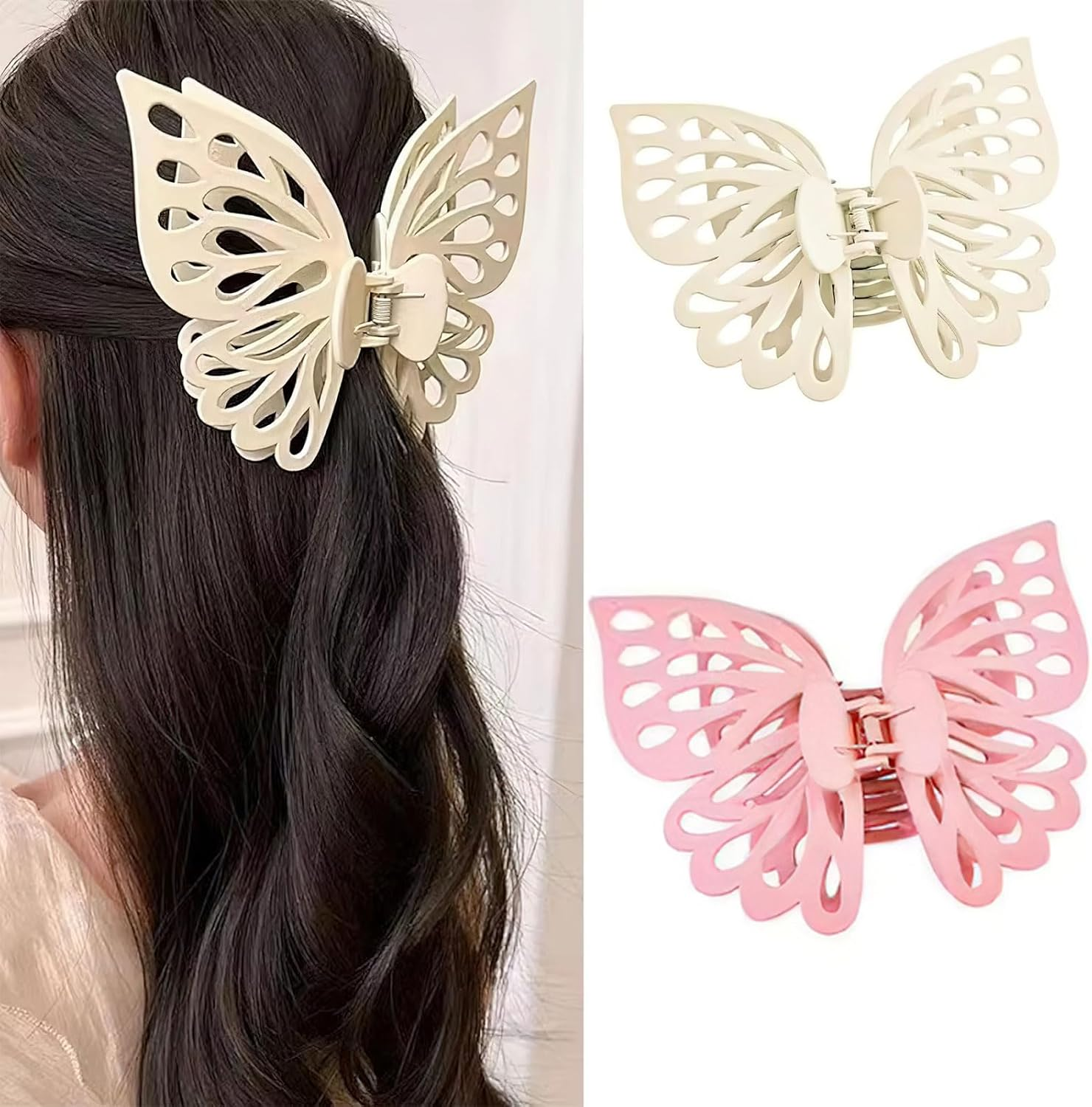 2 Pcs Large Butterfly Hair Clips, Pink and White Hollow Matte Butterfly Hair Claws Strong Hold Non-Slip Hair Accessories for Thick Thin Hair Barrettes for Women(5.51 Inch) image number 2