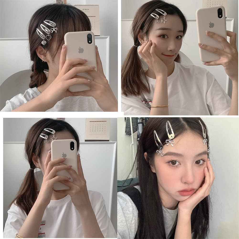Metal Snap Hair Clips Barrettes for Women Thick Thin Hair Snap Clips Circle Heart Star Silver Hair Barrettes for Women Girls Punk Hair Clip Bow Hairpin 6Pcs image number 2