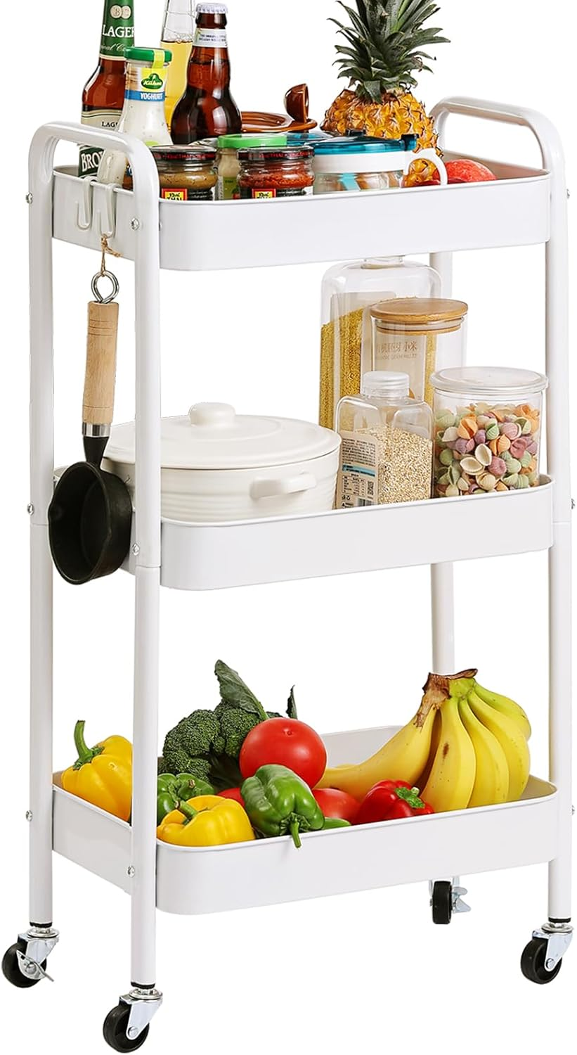 Tiita 3 Tier Rolling Utility Cart, Metal Storage Utility Organizer Cart with Wheels, Slim Rolling Cart Organizer for Kitchen, Bathroom, Office, Pink