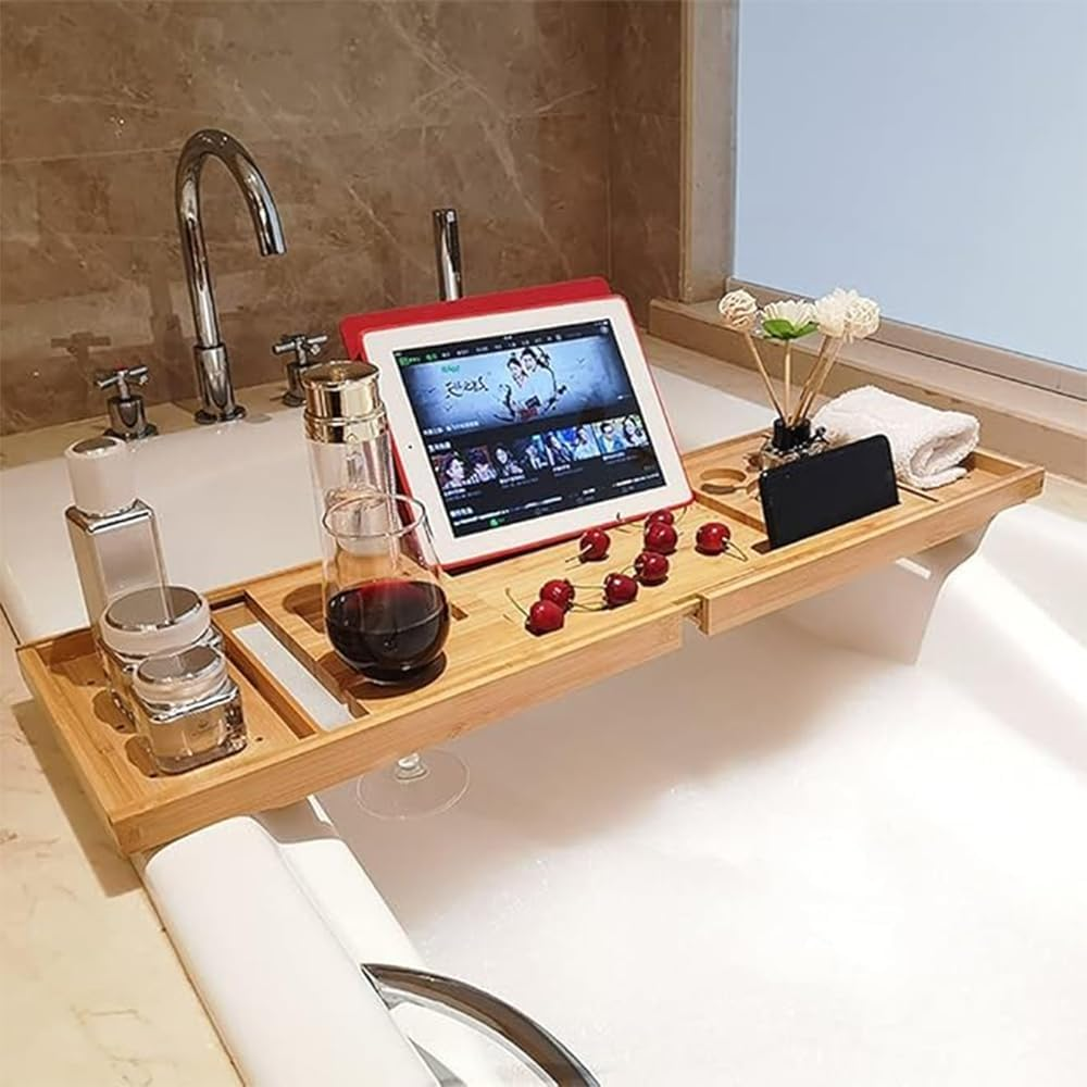 Bath Caddy Tray for Bathtub, Expandable Baths Tray, Bathtubs Caddy Tray, Adjustable Bamboo Bathtubs Tray for Books, Tablets, Wine Glasses, and Candles, Perfect for Relaxing Baths image number 2