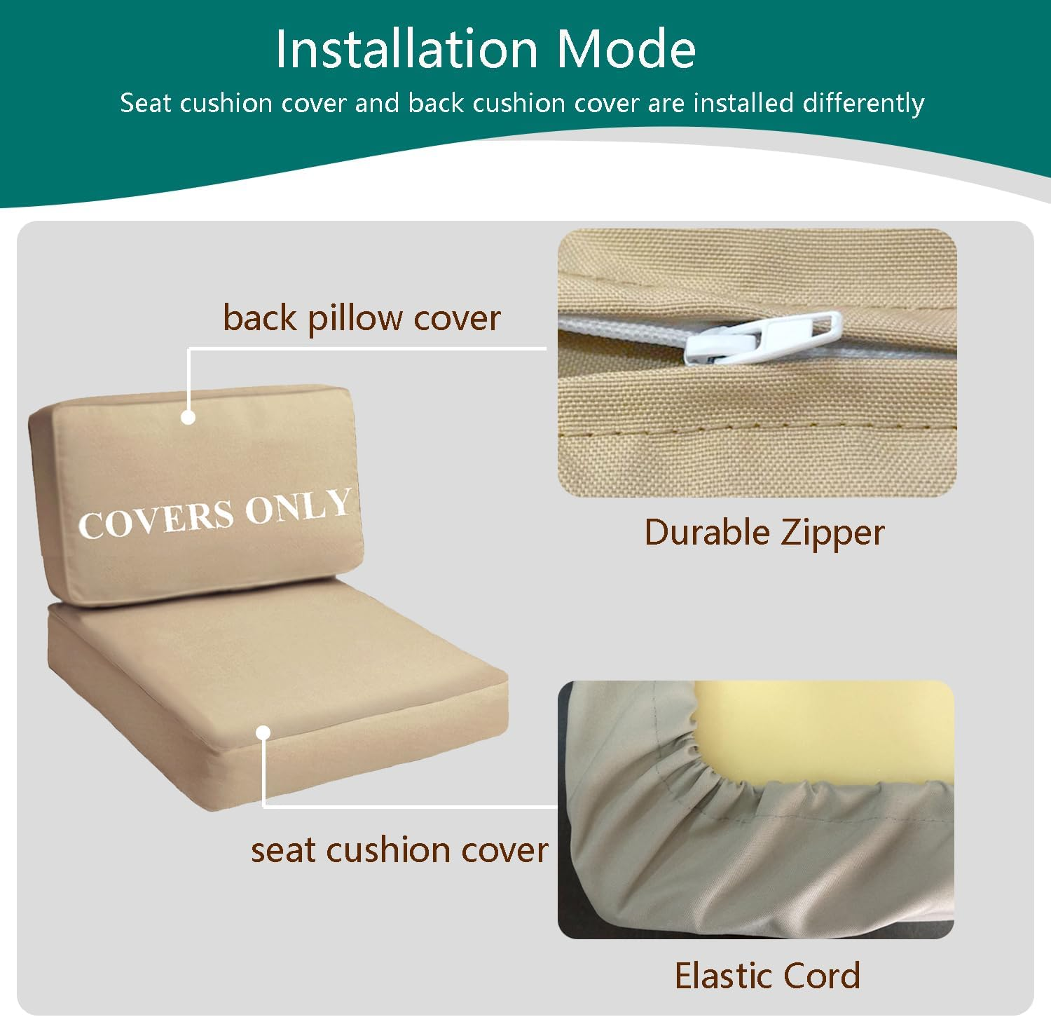 TECOSARA Patio Cushion Covers Replacement Outdoor Seat Cushions Cover for Patio Furniture, Deep Seat Bottom and Back Cushion Cover Set for Chair, Sofa and Couch, 4Packs, 26.5X26.5X4/26.5X13X4, Tan image number 3