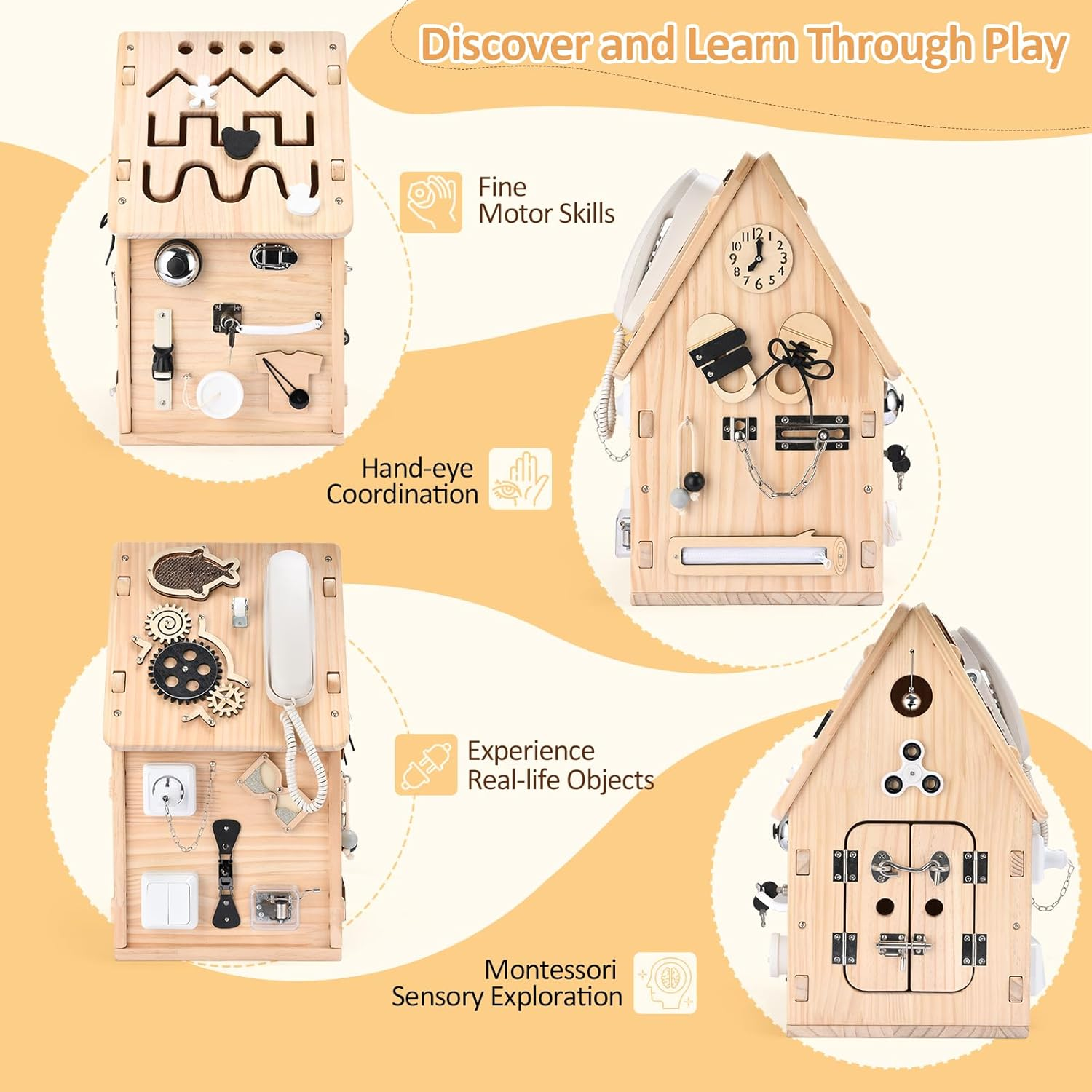 Montessori Wooden Busy House - Busy Board Toy for Toddlers - Preschool Learning Educational Toys - Sensory Board for Fine Motor Skills, Gifts for Babys Boys & Girls image number 4