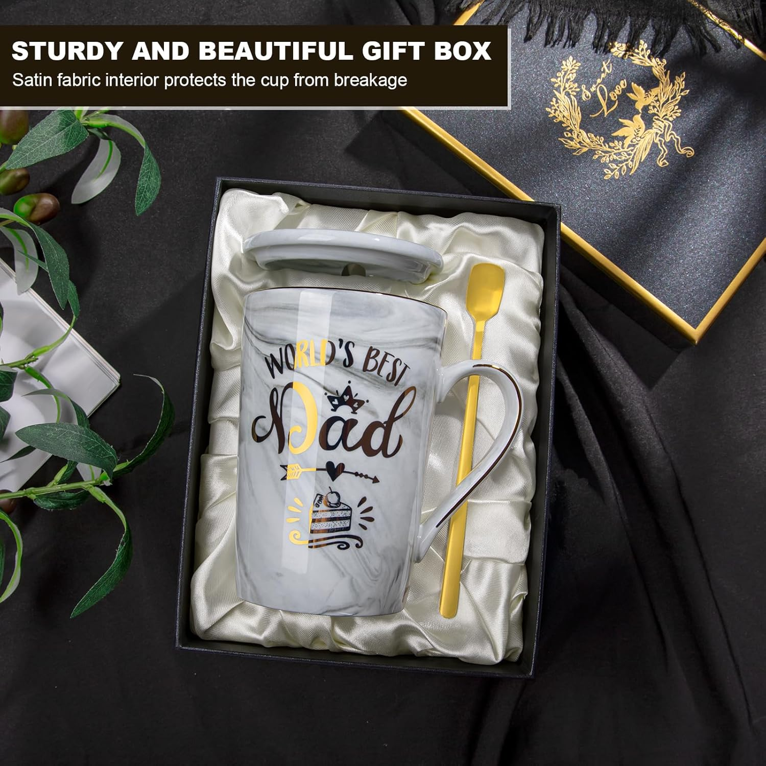 Fathers Day Gift from Daughter Son - World'S Best Dad - Daddy Mug Printed with Gold, Funny Dad Birthday Gifts Present for Dad, 14Oz Grey Ceramic Coffee Cup with Lid, Spoon, Greeting Card, Gift Boxed