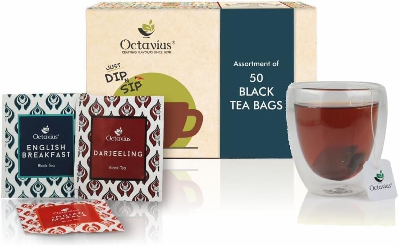 Octavius Assorted Black Tea Sampler Gift Set &ndash; 50 Premium Tea Bags | 3 Classic Flavours | Darjeeling, English Breakfast & Masala Chai | Gourmet Tea Gift Box for Tea Lovers