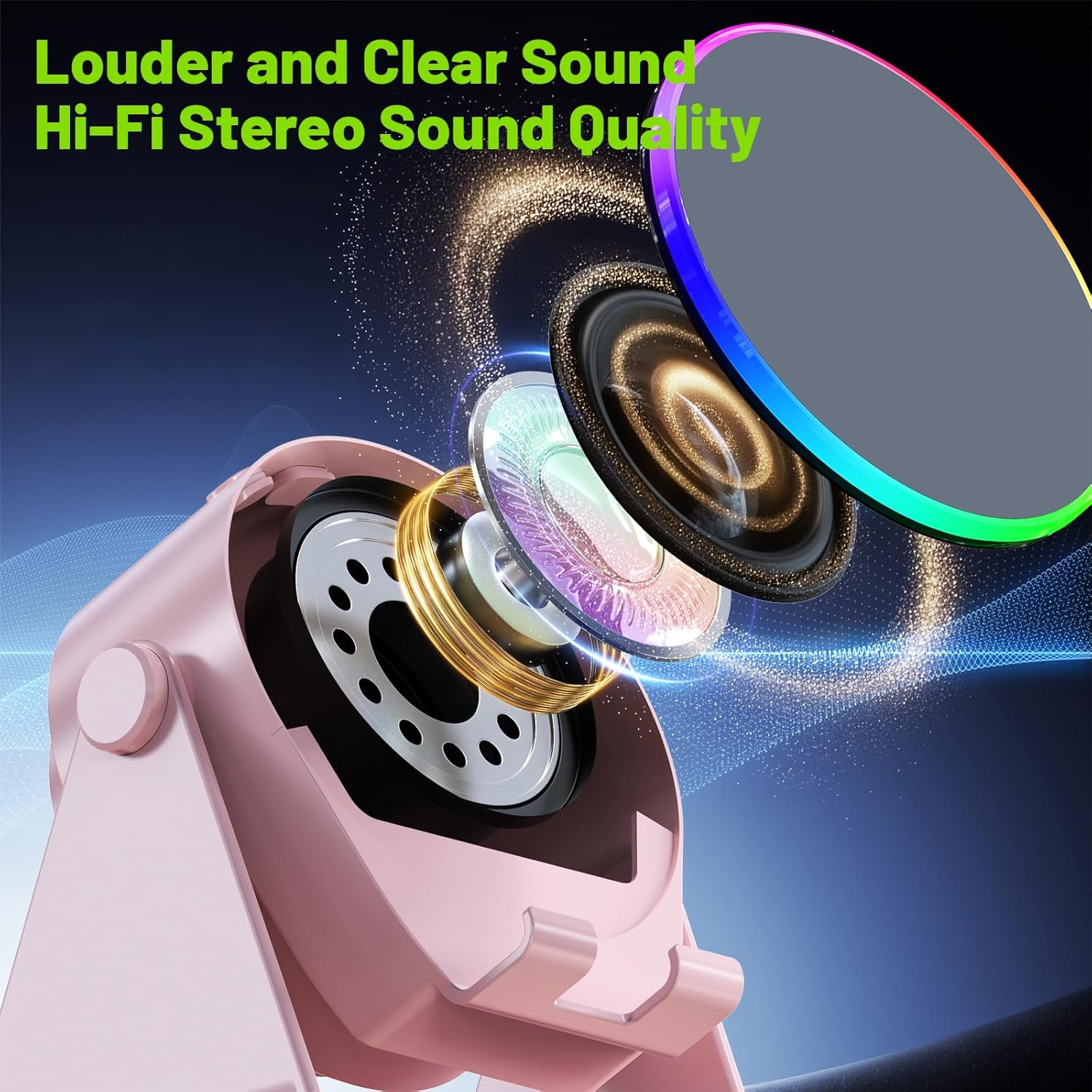 Wireless Induction Speaker, Cell Phone Stand with Bluetooth Speaker, Stereo Sound, RGB Ambient Light, Phone Holder Compatible with Iphone/Ipad/Android/Samsung Galaxy (Pink) - Black image number 7