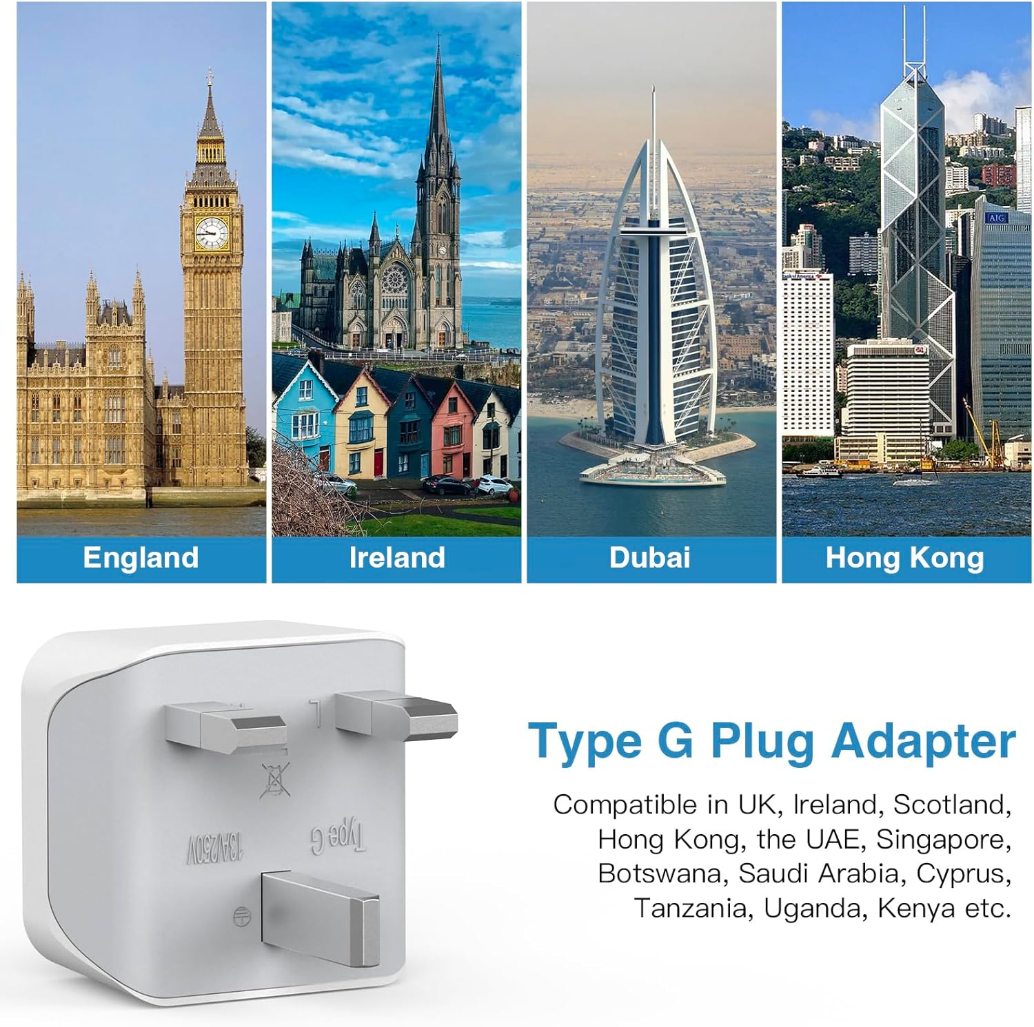 UK Travel Adapter, Dozianai Pack of 2 AU to UK Plug Adapter Grounded Type G Travel Power Plug for Ireland, England, Scotland, Kenya,Singapore,British,Uganda,Hong Kong and More-White image number 5