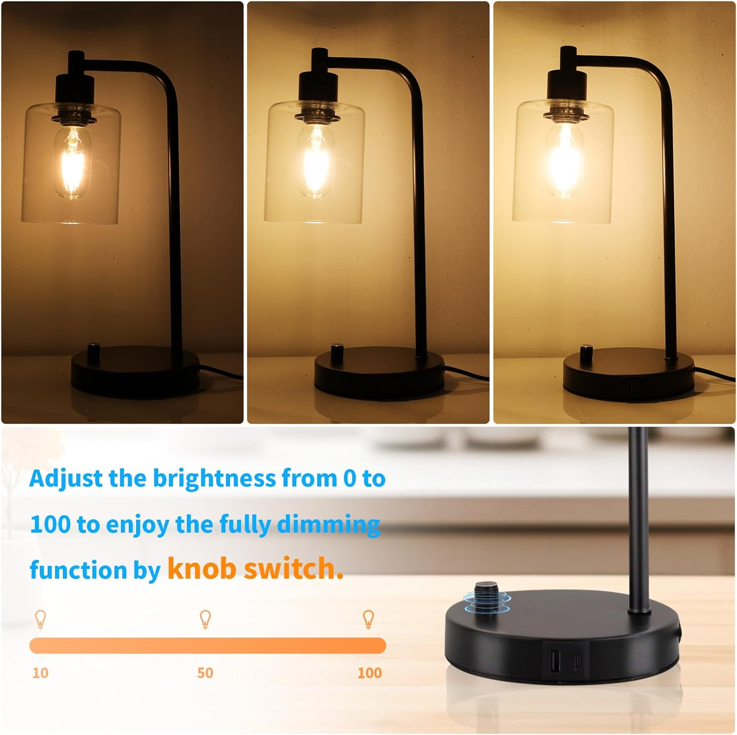Set of 2 Industrial Stepless Dimmable Table Lamps with USB-A & USB-C Ports &ndash; Metal Base with Glass Shade Bedside Nightstand Lamps for Bedroom & Office image number 5