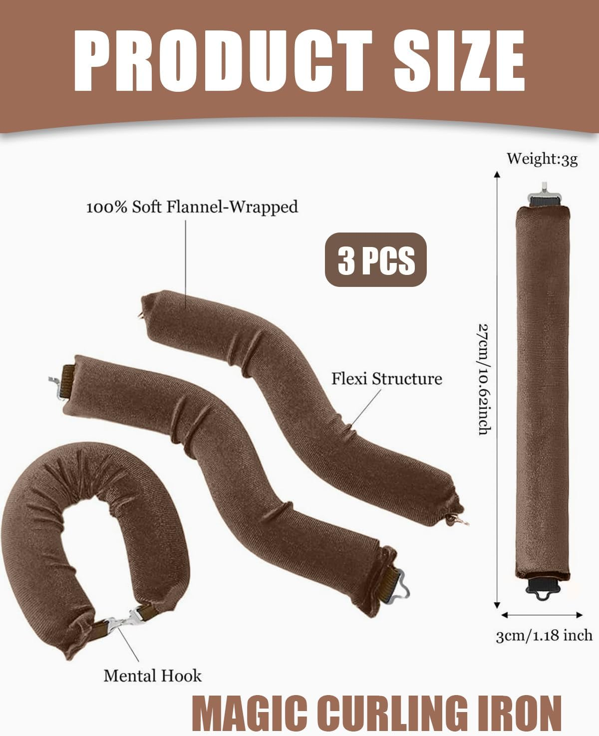 YOCDNOV Pack of 3 Heat-Free Curlers, Flexi Rods with Hooks, Heat-Free Curling Iron for All Hair Types, Hair Rollers for Sleeping, for All Hair Types (Light Brown) image number 1