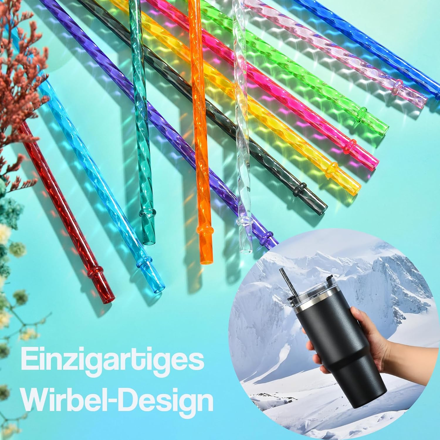 AUMA 12-Pack Reusable Swirl Straws, 11" Long Colorful Hard Plastic Tumbler Replacement Straws for 16 OZ 20 OZ 30 OZ Stanley, YETI, Starbucks, Tumblers with Brush image number 1