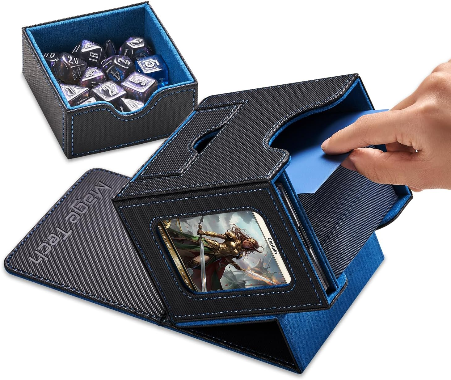 Mage Tech Card Deck Box for MTG Commander - Patented Design, Commander Display, Fits 100 Double-Sleeved Cards, 35Pt Card Brick & Dice Tray - Black/Blue image number 3