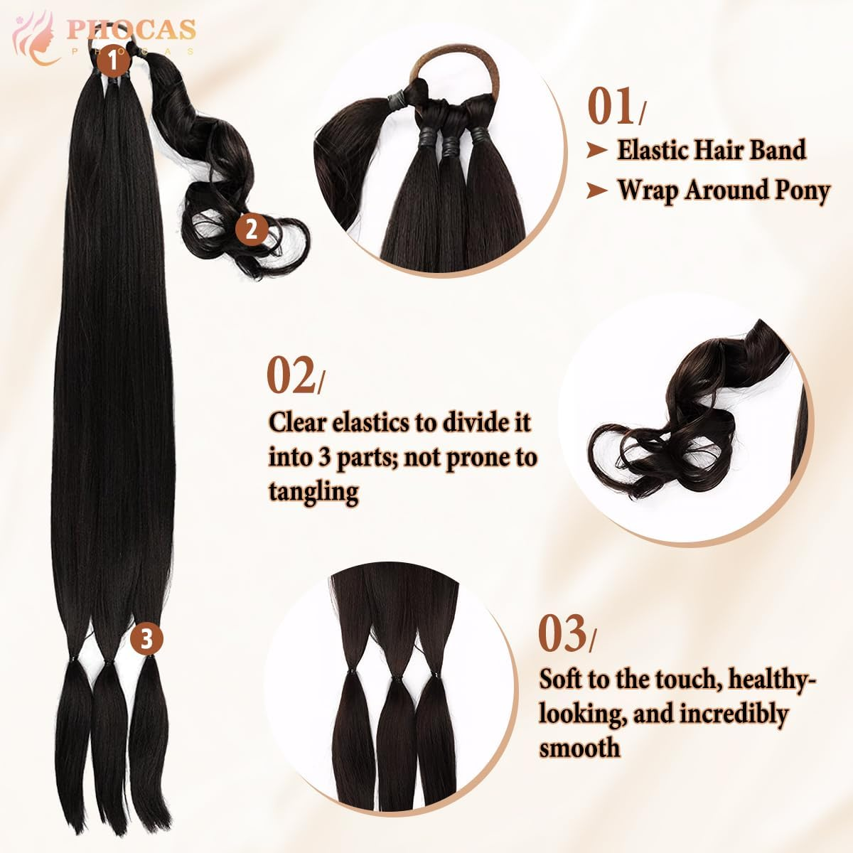 PHOCAS Long Braided Ponytail Extension with Hair Tie 32'' DIY Synthetic Ponytail Hair Extensions Ponytail Hair Pieces for Women Daily Wear(Black) - A-Black image number 2
