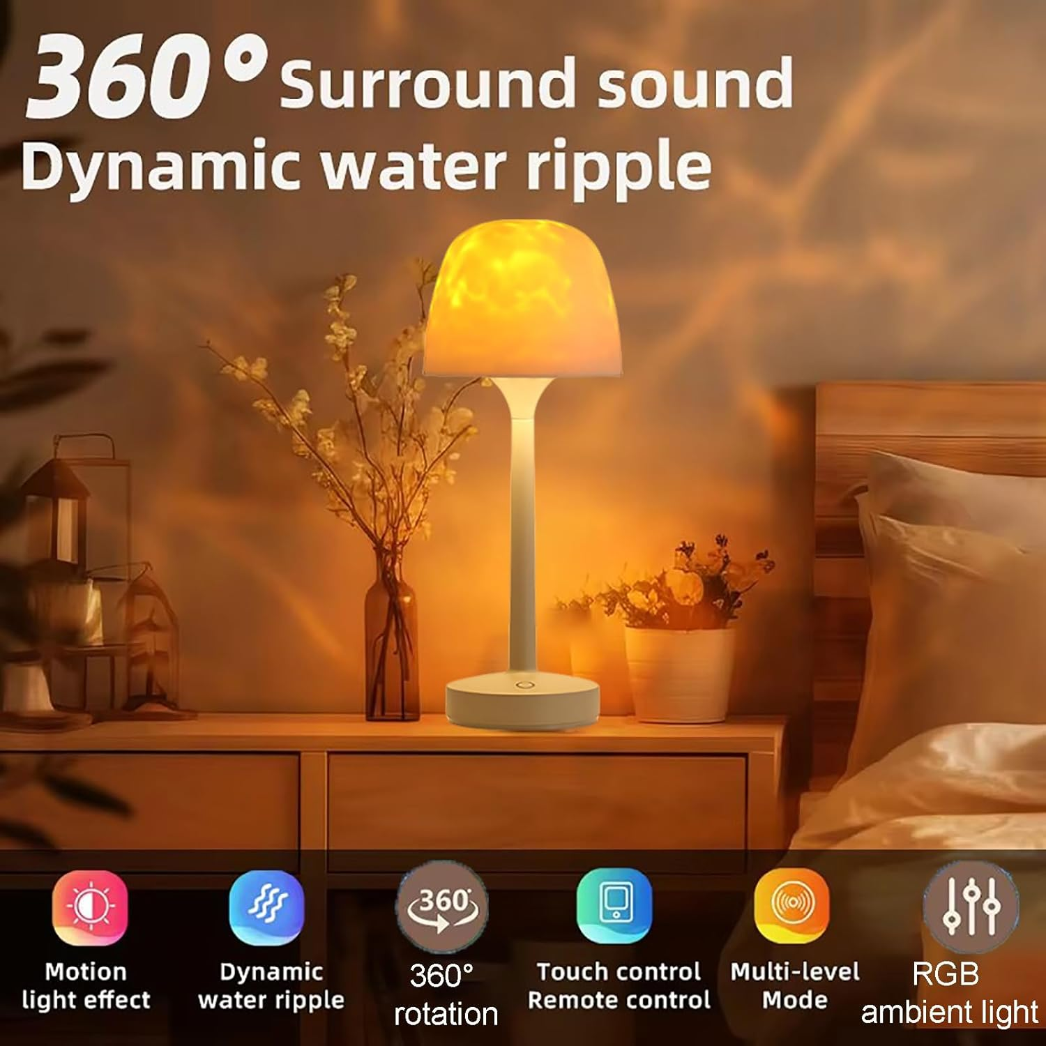 Ocean Wave Projector Lamp with Lampshade 16 Colors Gradual Rotating Flame Lamp, Mushroom Lamp with 3 Colors, Water Ripple Night Light with Remote Control, Atmosphere Lights for Party/Gift,White