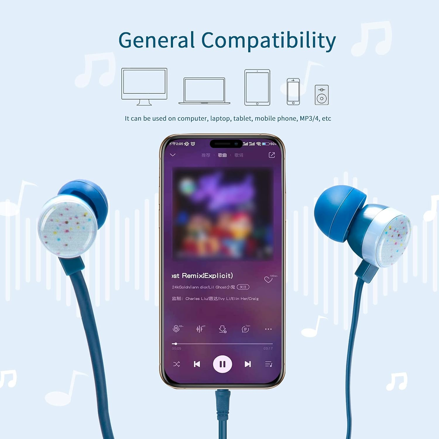 Anruk Cute Donut Earbuds for Kids, Kid Size Wired Earbud & In-Ear Headphones with Microphone and Lovely Earphones Storage Case Gifts for School Girls and Boys (Cyan) image number 2