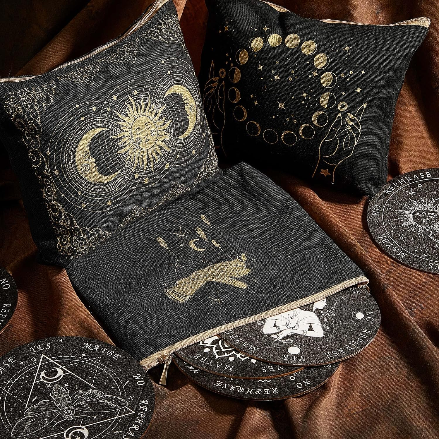 9 Pieces Moon Witch Zipper Pouch Bag Tarot Cards Phase Bag Witch Purse Gothic Aesthetic Canvas Makeup Bags Witchy Crystals Toiletry Bags Witchcraft Snake Cosmetic Bags for Women Girls, Black image number 3