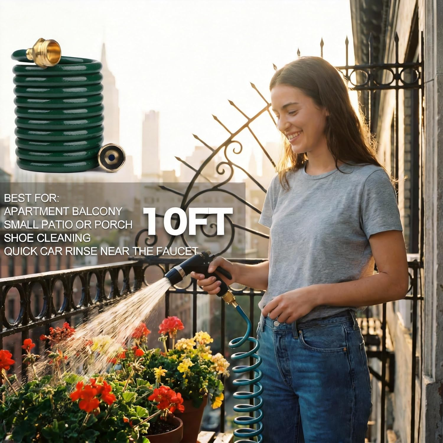 Lightweight EVA Recoil Garden Hose: Retractable Coil Water Hoses with 3/4" GHT Solid Brass Fittings - Corrosion Resistant for Outdoor Lawn Boat (10FT, Green) image number 1