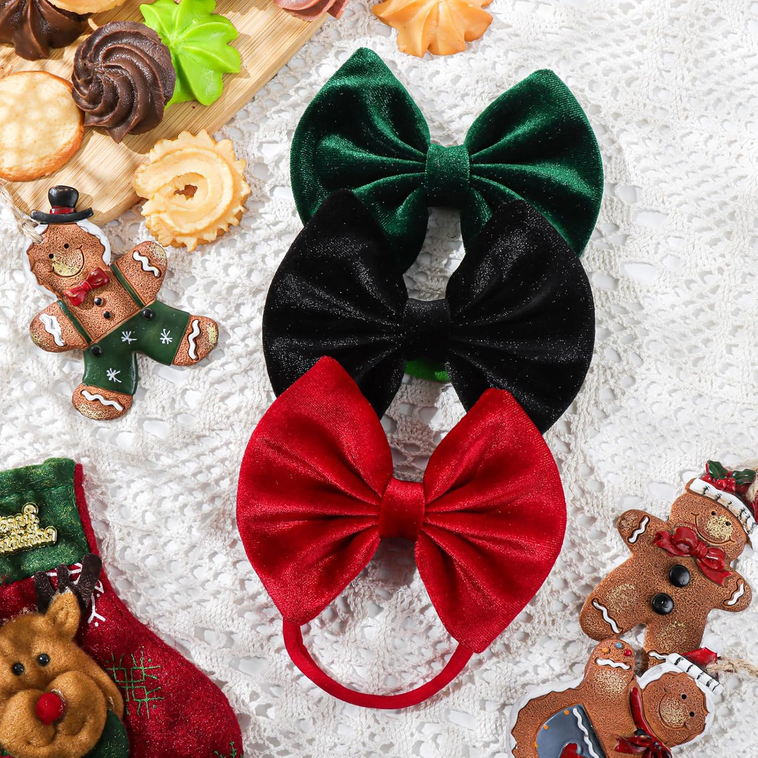 ONENINEDREAM Christmas Velvet Baby Girls Bows Elastic Nylon Headbands Red Green Handmade Christmas Newborn Bows Hairbands Infants Toddlers Hair Accessories image number 6