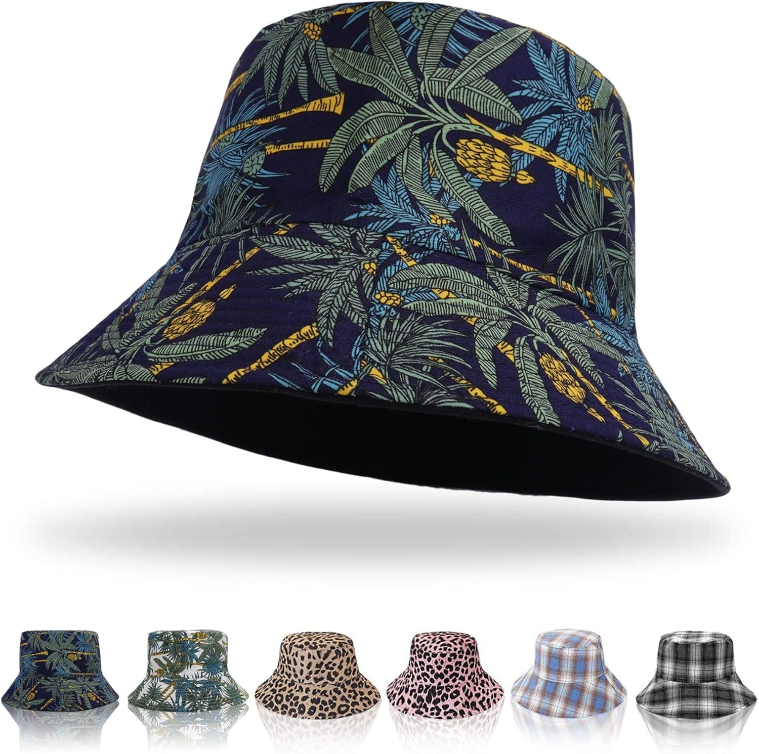 Hebenie Reversible Bucket Hat for Women &ndash; Summer Outdoor Sun Hat with Colorblock Print & Solid Side, Lightweight UV Protection Travel Beach Hat