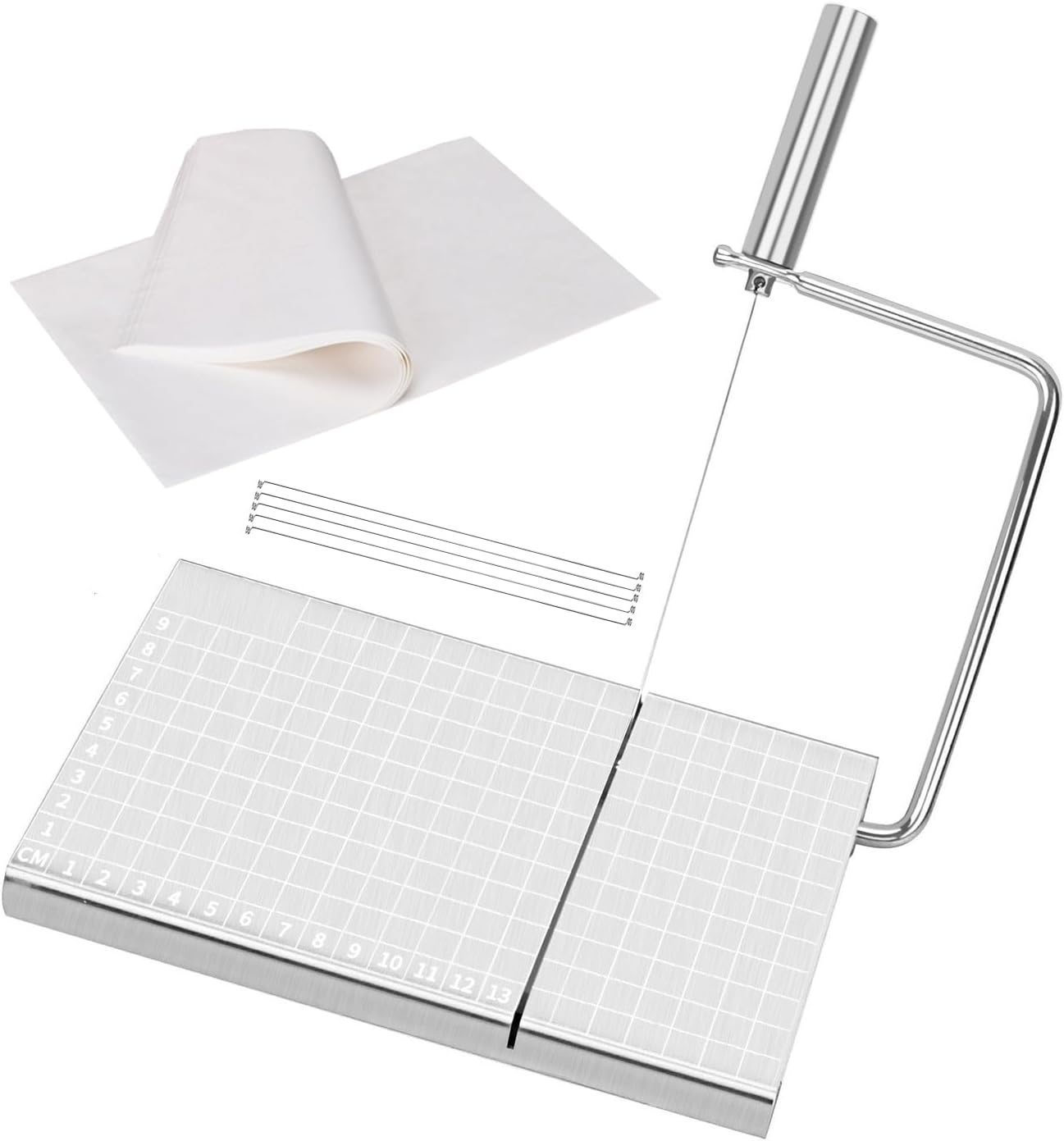 Cheese Slicer, Cheese Cutter with Measuring Grids, Household Stainless Steel Cheese Ham Butter Cutter,Equipped with 5 Replaceable Cheese Slicer Wires & 30Pcs Blotting Paper image number 3