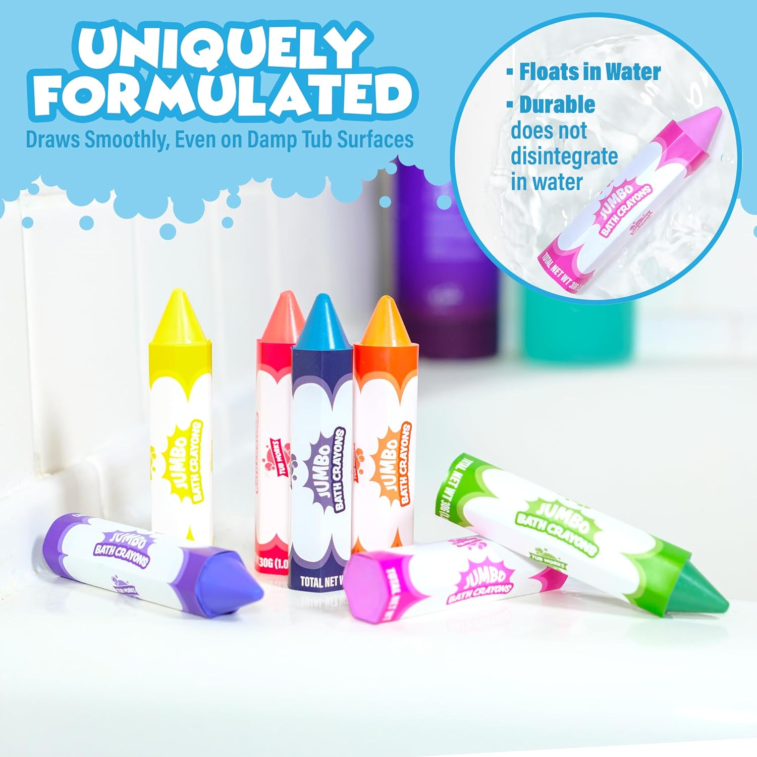 Tub Works&reg; Smooth&trade; Jumbo Bath Crayons Bath Toy | Nontoxic, Washable Bath Crayons for Toddlers & Kids | Unique Formula Draws Smoothly & Vividly on Wet & Dry Tub Walls | Large, Easy-Grip Bathtub Crayons image number 2