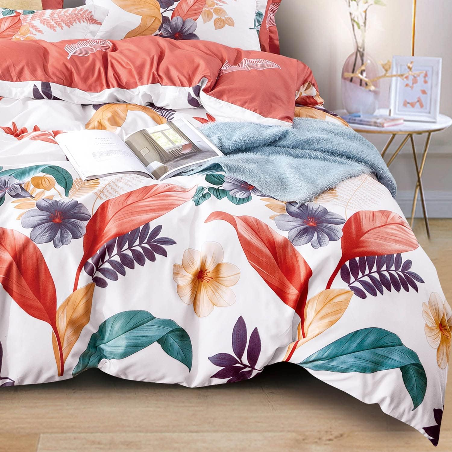 Palila Tropical Quilt Cover, Red Orange Teal Green Multiple Colors, 3Pcs King Tropical Leaf Floral Quilt Cover Set (King Size ) image number 2