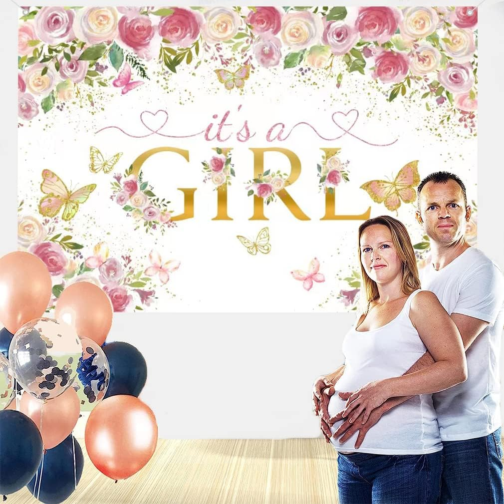 Tecreo It'S a Girl Baby Shower Banner with Flowers, Pink, Vinyl, 150 Cm X 90 Cm, 1 X Banner with 4 Eyelets, Gender Reveal / Baby Shower