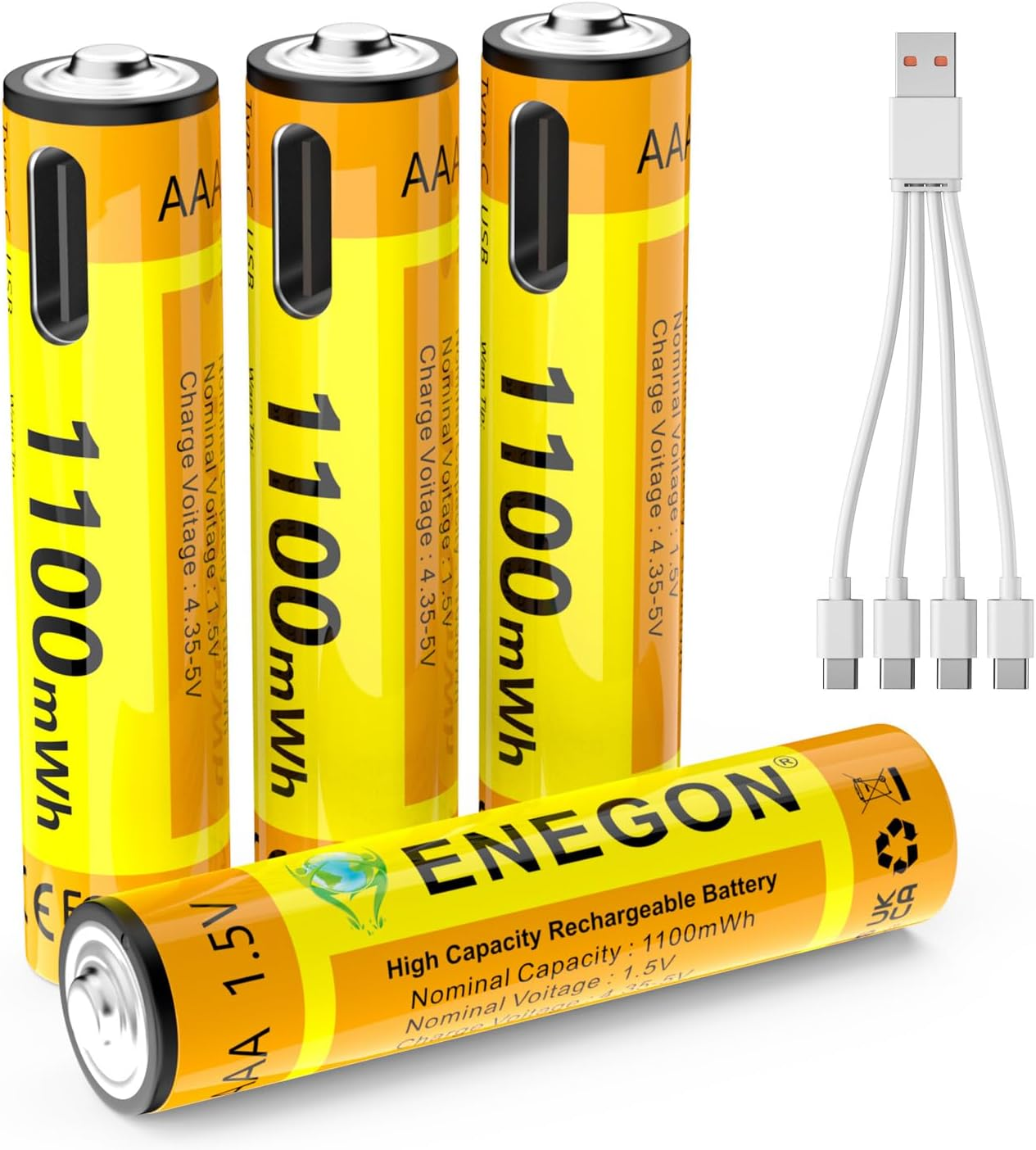 ENEGON AAA Rechargeable Batteries 4-Pack, 1.5V 1100Mwh Lithium-Ion Battery, Fast Charging in 2 Hours, Type-C Cable Included, Constant Voltage Output.