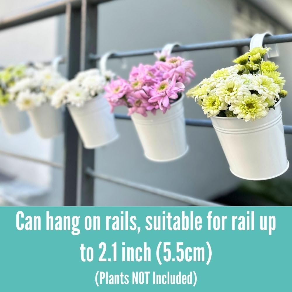 Lalagreen 6 Inch Hanging Planter Iron - 10 Pack, White Large Metal Flower Pot over Rail Balcony Railing Hanging Buckets for Plants Outdoor Fence Wall Herb Garden Succulent outside Deck Patio Porch image number 1