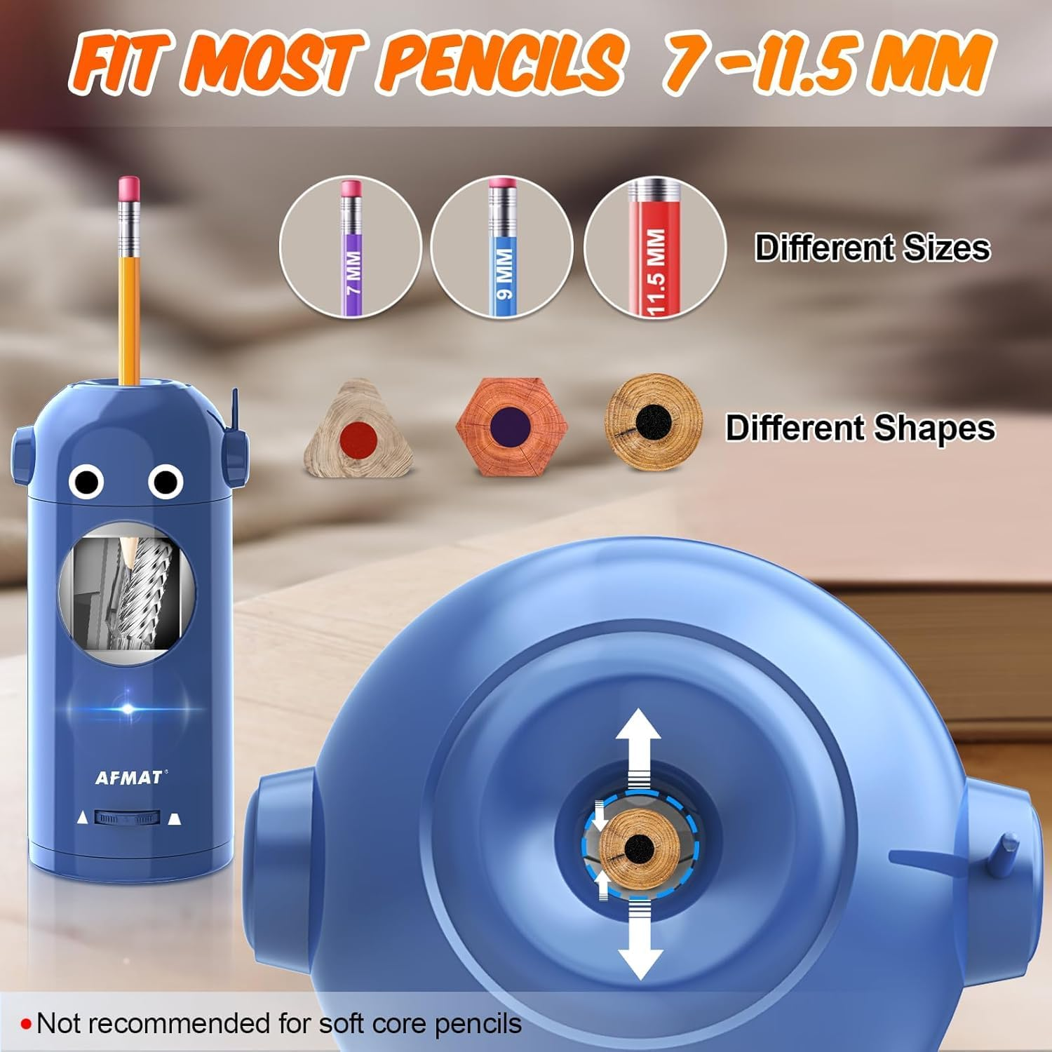 AFMAT Electric Pencil Sharpener, Fully Automatic Robot Pencil Sharpener for Colored Pencils 7-11.5Mm, Auto in & Out, Rechargeable Hands-Free Pencil Sharpener for Home/Classroom/Office, Blue image number 4