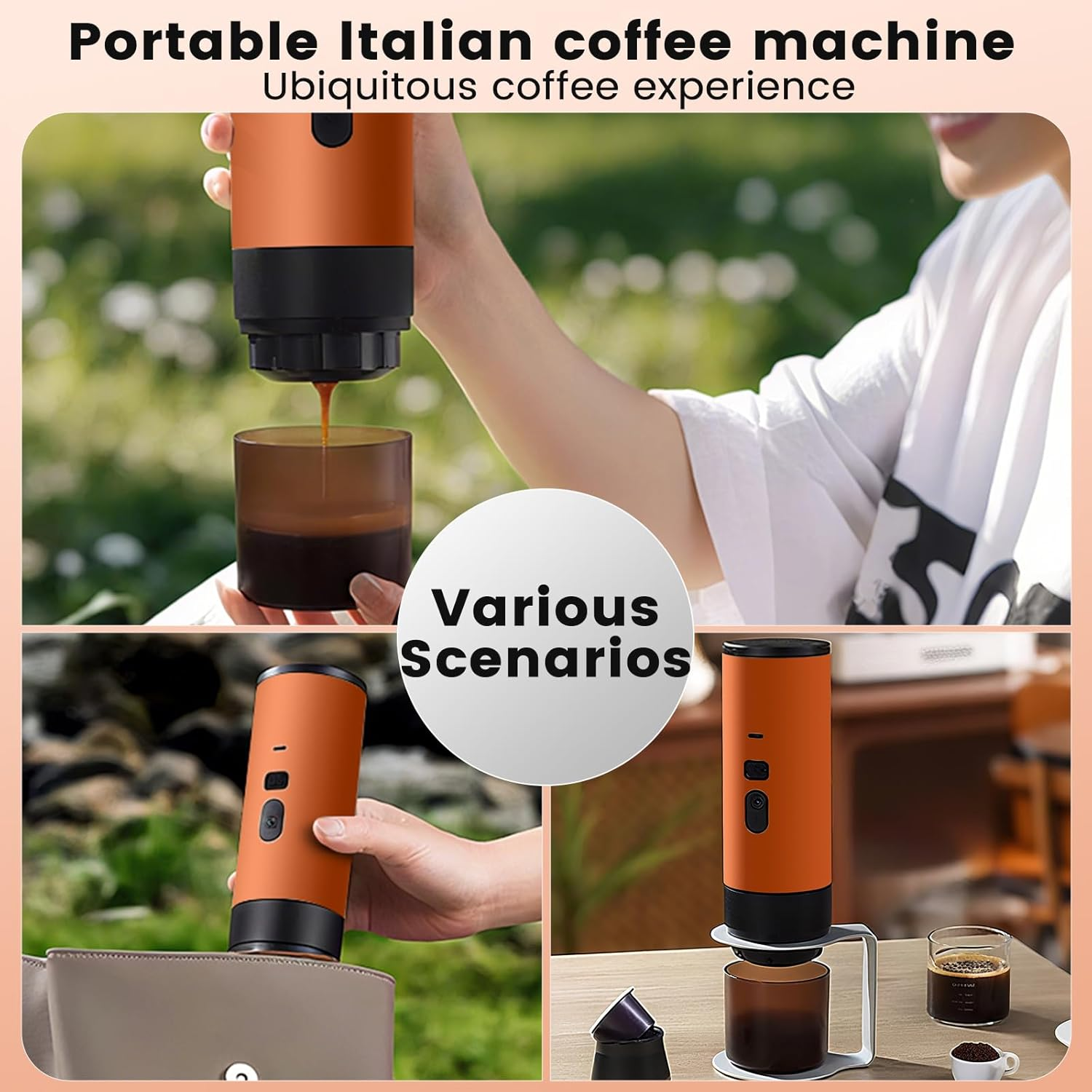 Portable Espresso Machine,Usb Rechargeable Cordless Travel Coffee Maker,20Bar Self Heating Espresso Coffee Machine,Compatible with NS Capsules & Ground Coffee for Camping, Hiking, Office (Orange)