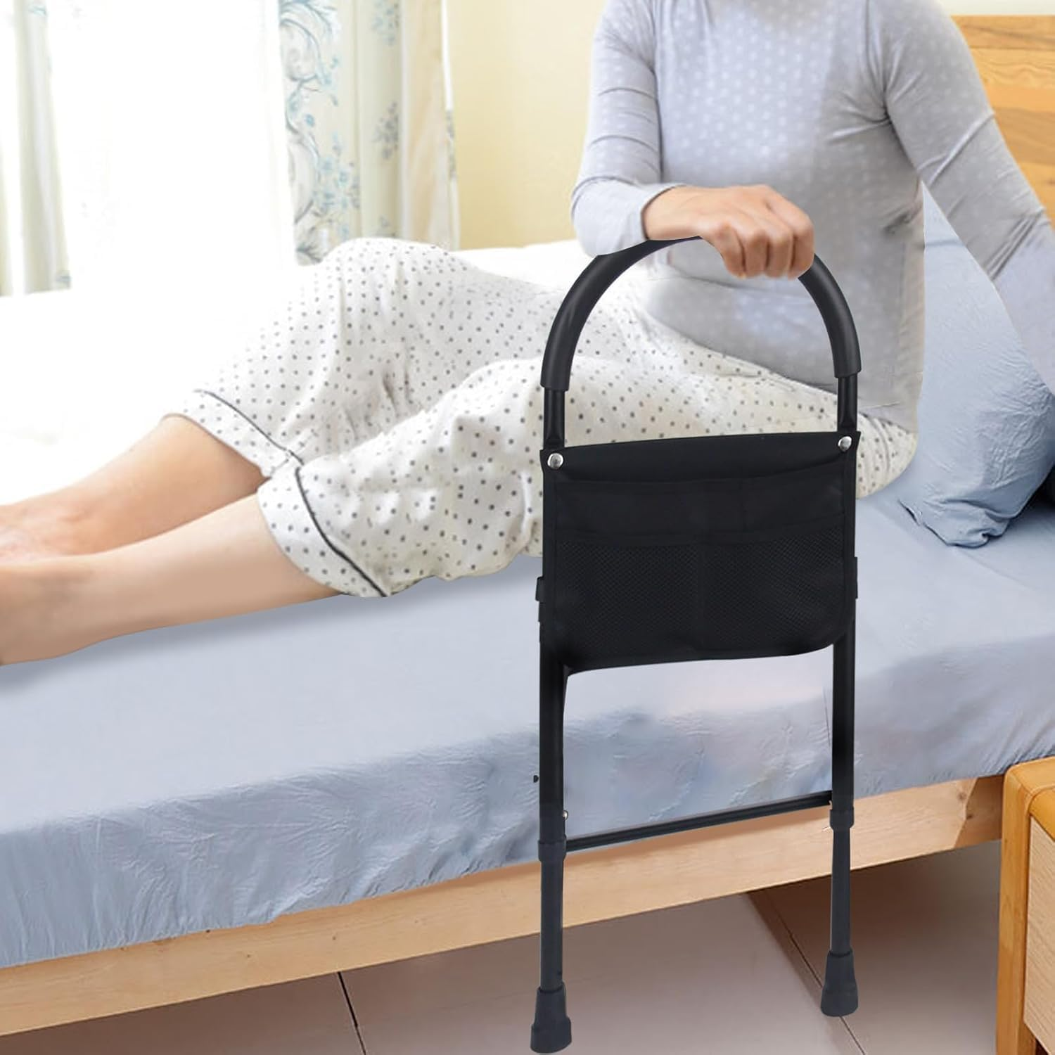 Joliling Safety Bed Rail, Mobility Aid with Legs & Storage Pocket Adjustable in Height Bed Assist Bar Fall Prevention Stability Bed Guard Fits Adults, Senior, Handicap, Disabled image number 1