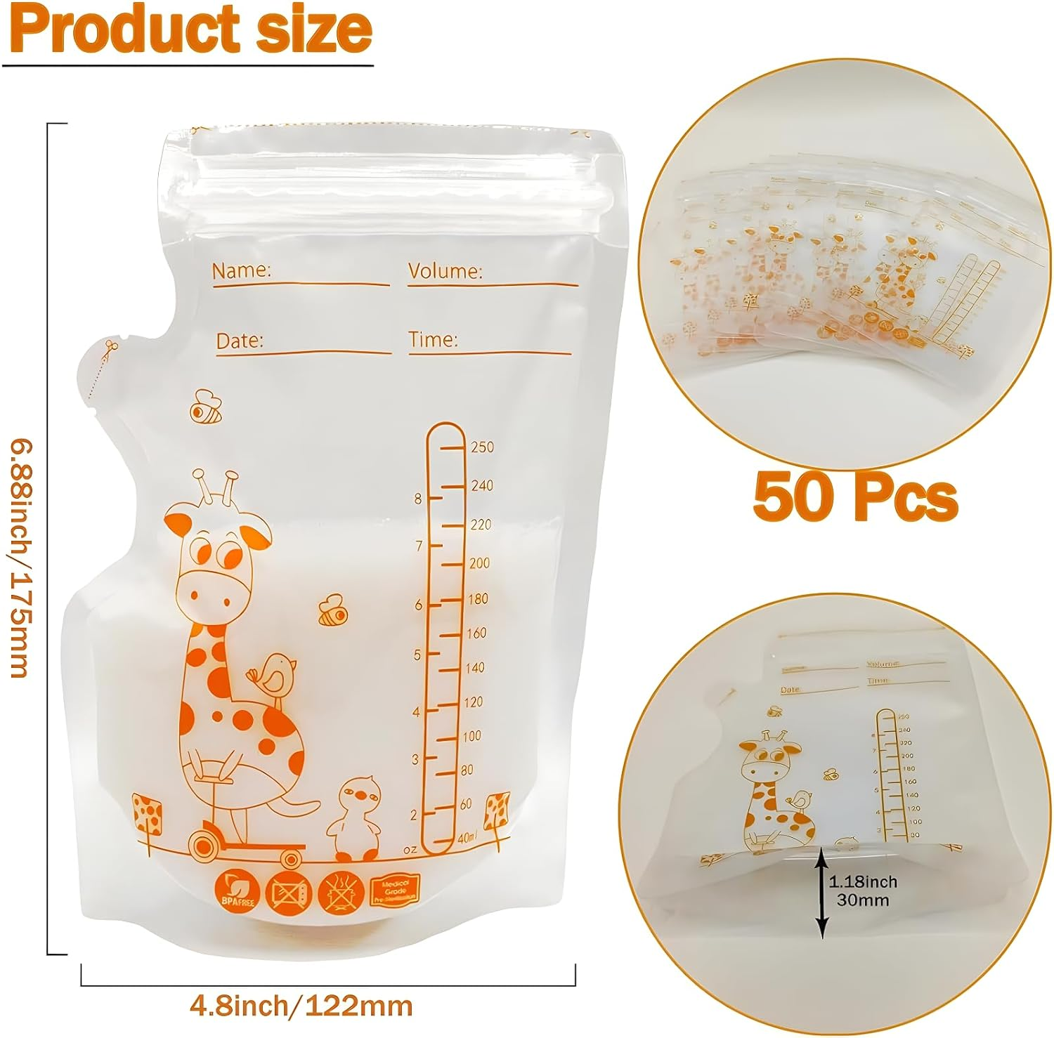 50 Pcs Breast Milk Storage Bag, Breast Milk Storage, 250Ml Disposable Milk Storage Bags, Breast Milk Bags, Milk Storage Bags Breastfeeding, Breastfeeding, No-Leak Milk Freezer Storage Pouches image number 1