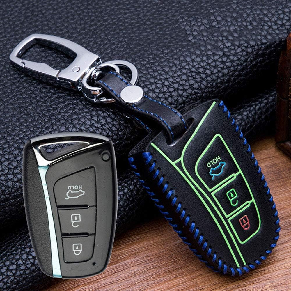 YJADHU Leather Men Women'S Key Holder Key Chain Car Key Case, Fit for Hyundai Grand Santa Fe IX45 Genesis EQUUS Azera 2013 2014 2015 2016,Blue