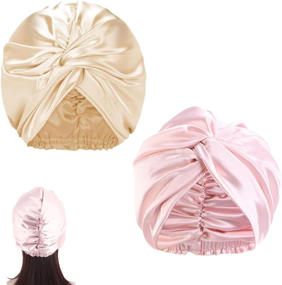 Aknebriax 2Pcs Silk-Like Double Nightcap Silk Hair Bonnet,Lined Satin Hair Bonnet for Sleeping for Women Curly Natural Hair(Champagne, Pink)