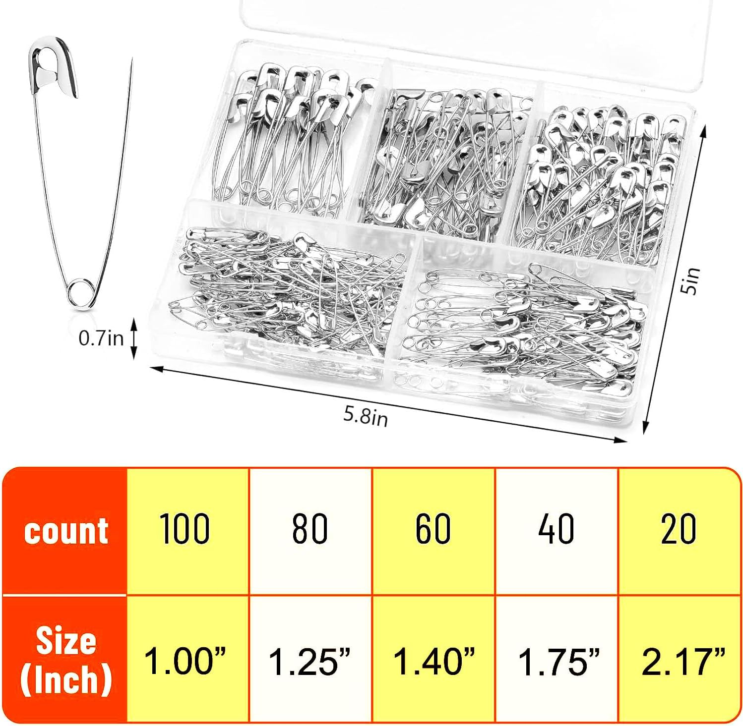 CJESLNA Safety Pins Assorted, 300 Pack Safety Pins, 5 Different Sizes Heavy Duty Safety Pin, Safety Pins Bulk, Small Large Safety Pins for Clothes, Sewing, Arts, Crafts（Silver） image number 3