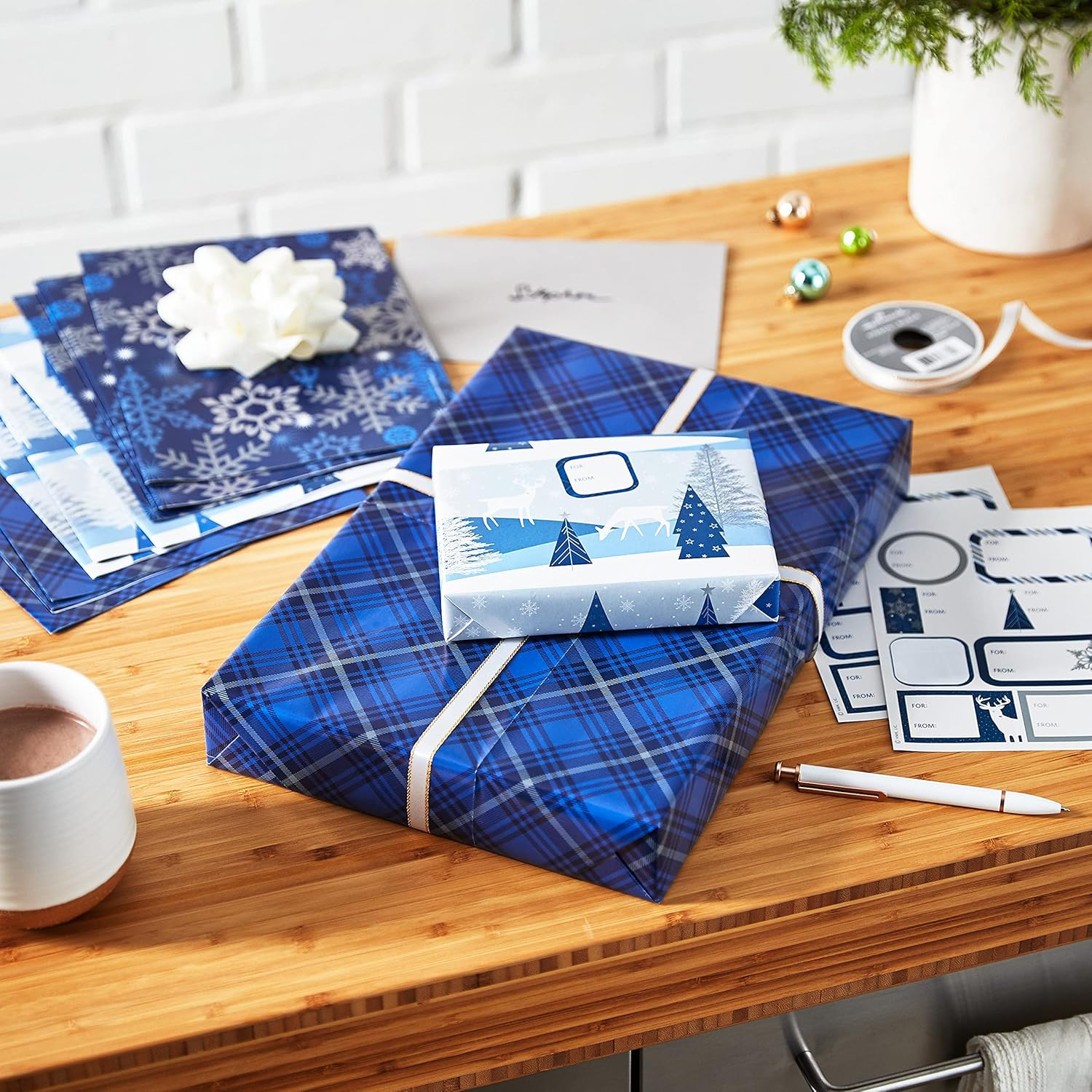 Hallmark Christmas Flat Wrapping Paper Sheets with Gift Tag Seals - Snowflakes, Deer, Tartan Plaid Gift Wrap Paper (12 Sheets, 16 Gift Tag Stickers) for Holiday Parties, Hanukkah, Winter Weddings image number 6