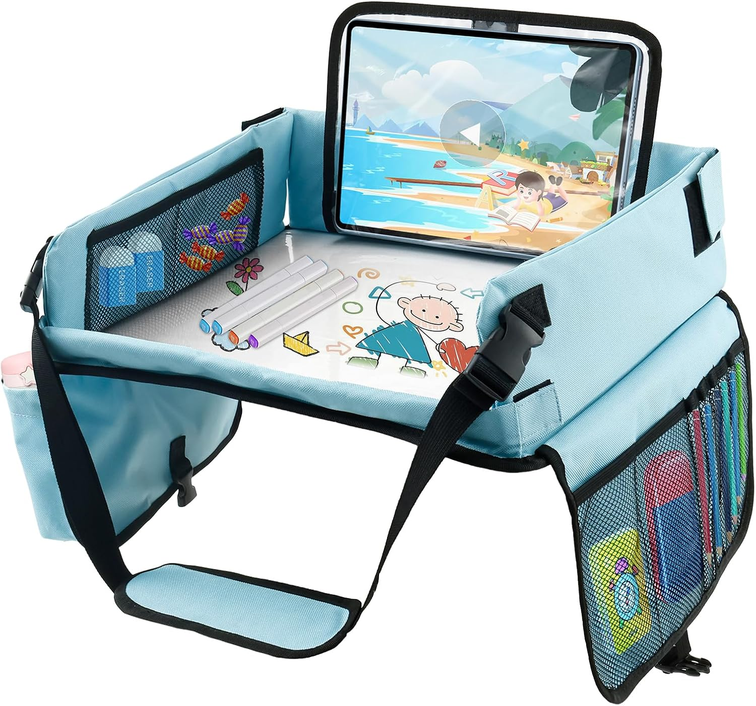 Kid Travel Tray, Portable Toddler Car Seat Tray, Foldable Car Seat Table, Practical Airplane Activity Table for Children Boy Girl (Blove)