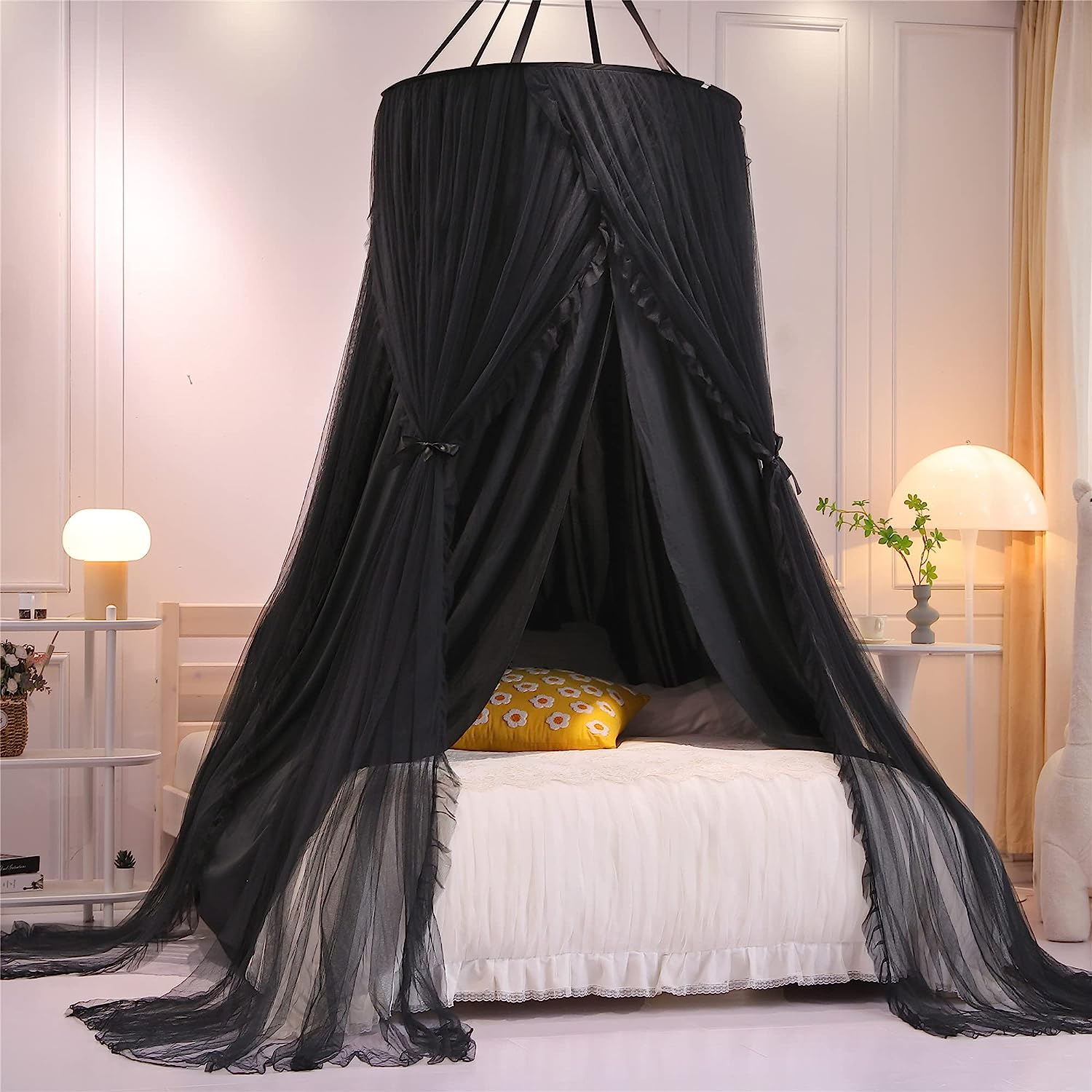 VETHIN Double Layer Princess round Dome Canopy Bed Curtain for Girls Adults,Children Dreamy Mosquito Net,Cute Bedroom Decoration Castle Play Tent Reading Nook Canopies (Dome-White/White)