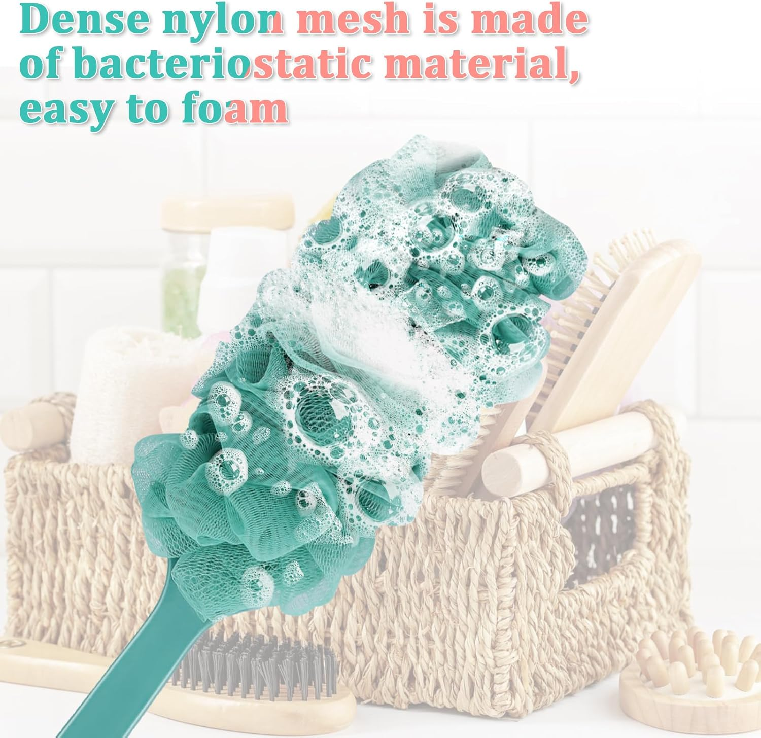2 Pack Back Scrubber Brush Shower Loofah for Men or Women 17&Prime; Body Scrubber Long Handle Sponge with Bath Brush Net Soft Mesh Back Washer (Pink & Green)