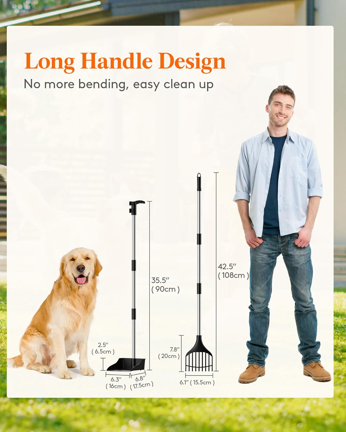 Lifewit Dog Pooper Scooper Plastic, Adjustable Stainless Metal Pole Long Handle Poop Scoop Set with Rake and Tray for Lawns, Yard, Grass image number 4