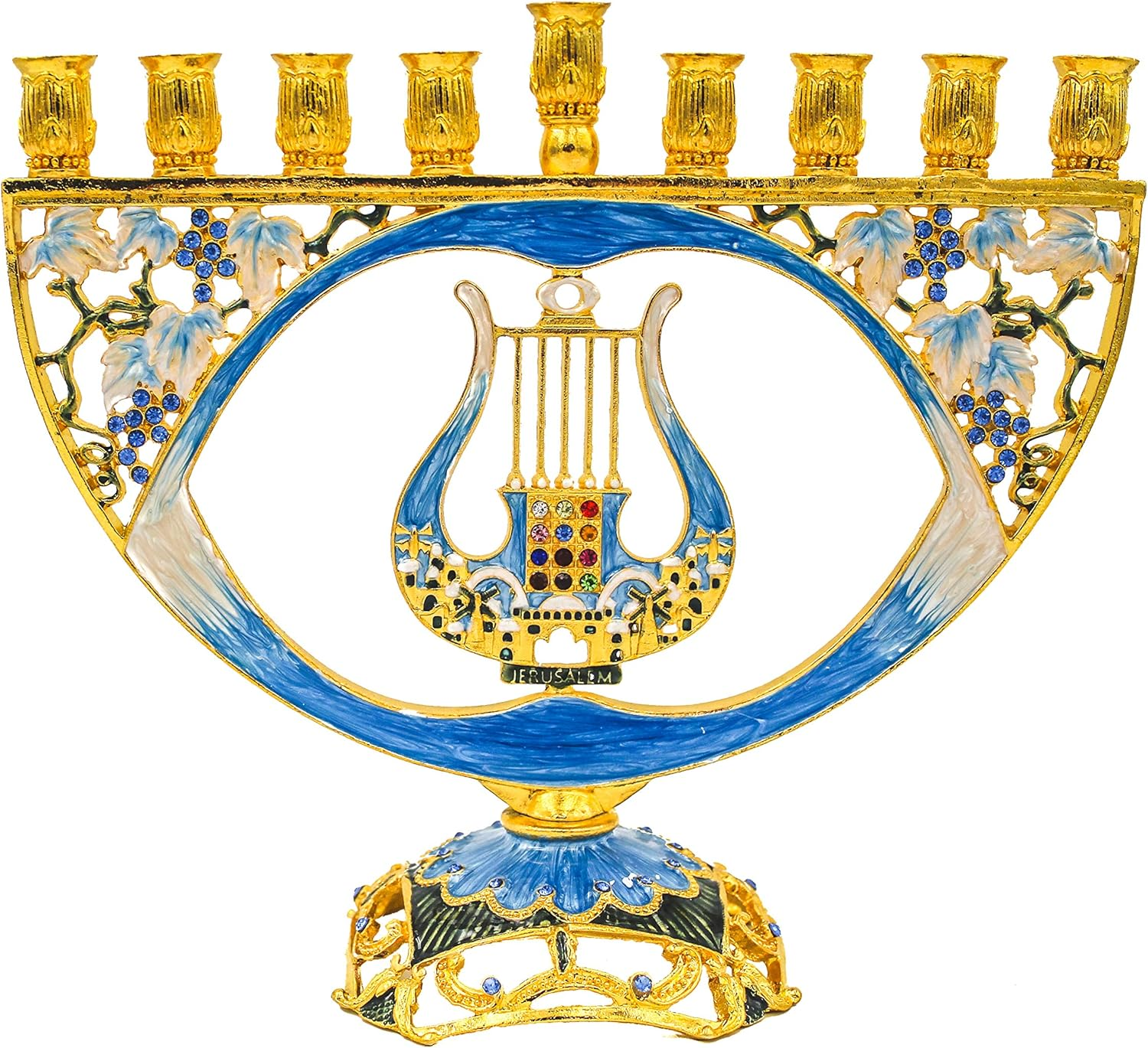 The Dreidel Company Menorah - Jeweled 8&rdquo; - Artistic Jeweled Menorah - Mosaic Blues and Gold Plating - Jeweled Hanukkah Menorah with Harp of King David and Hoshen