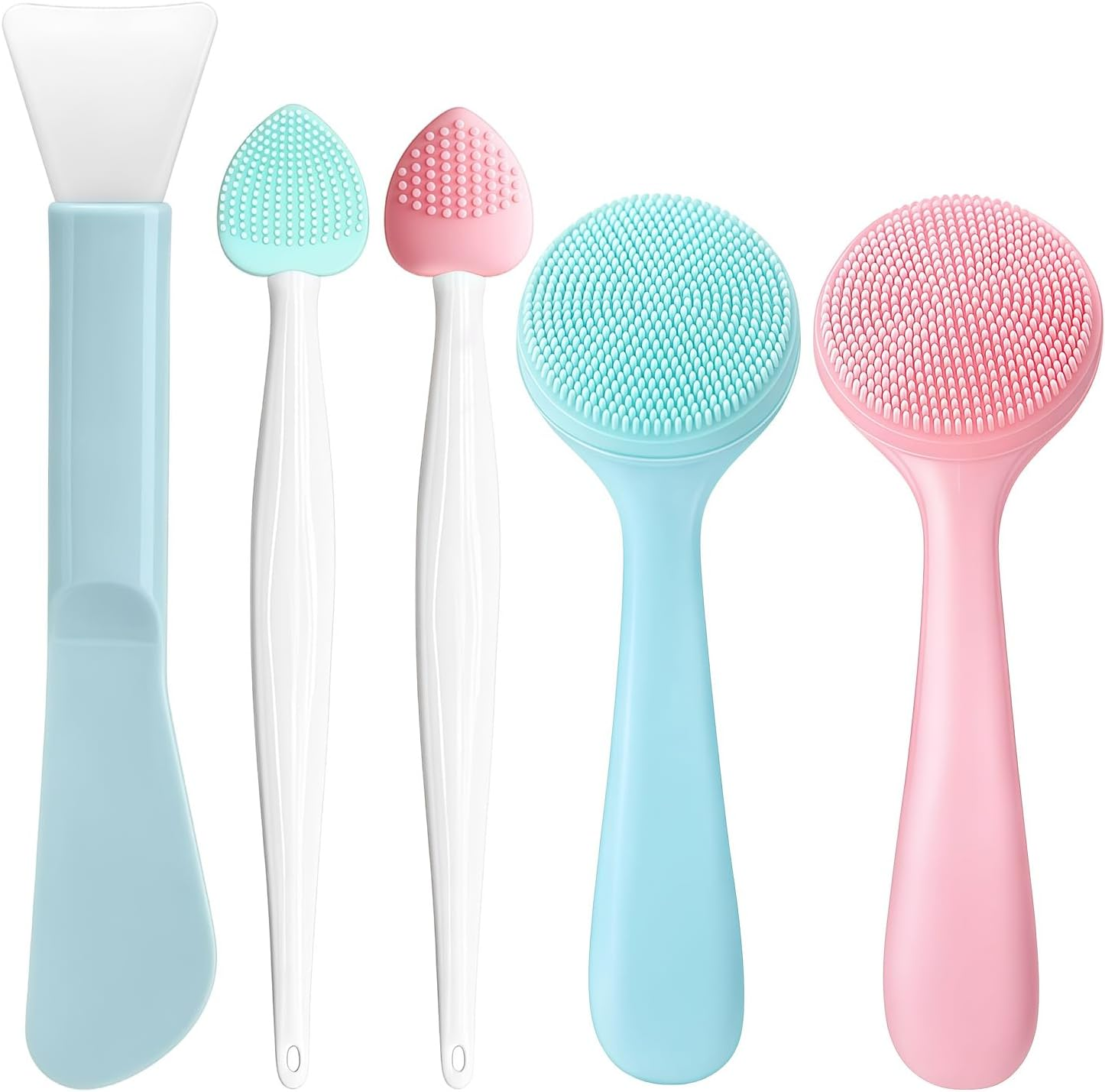 Teccfly 5Pack Silicone Face Scrubber with Handle, 2 Face Scrubber 2 Blackhead Brush 1 Mask Brush, Gentle Facial Exfoliator Waterproof Brush for Daily Deep Cleansing Sensitive Skin