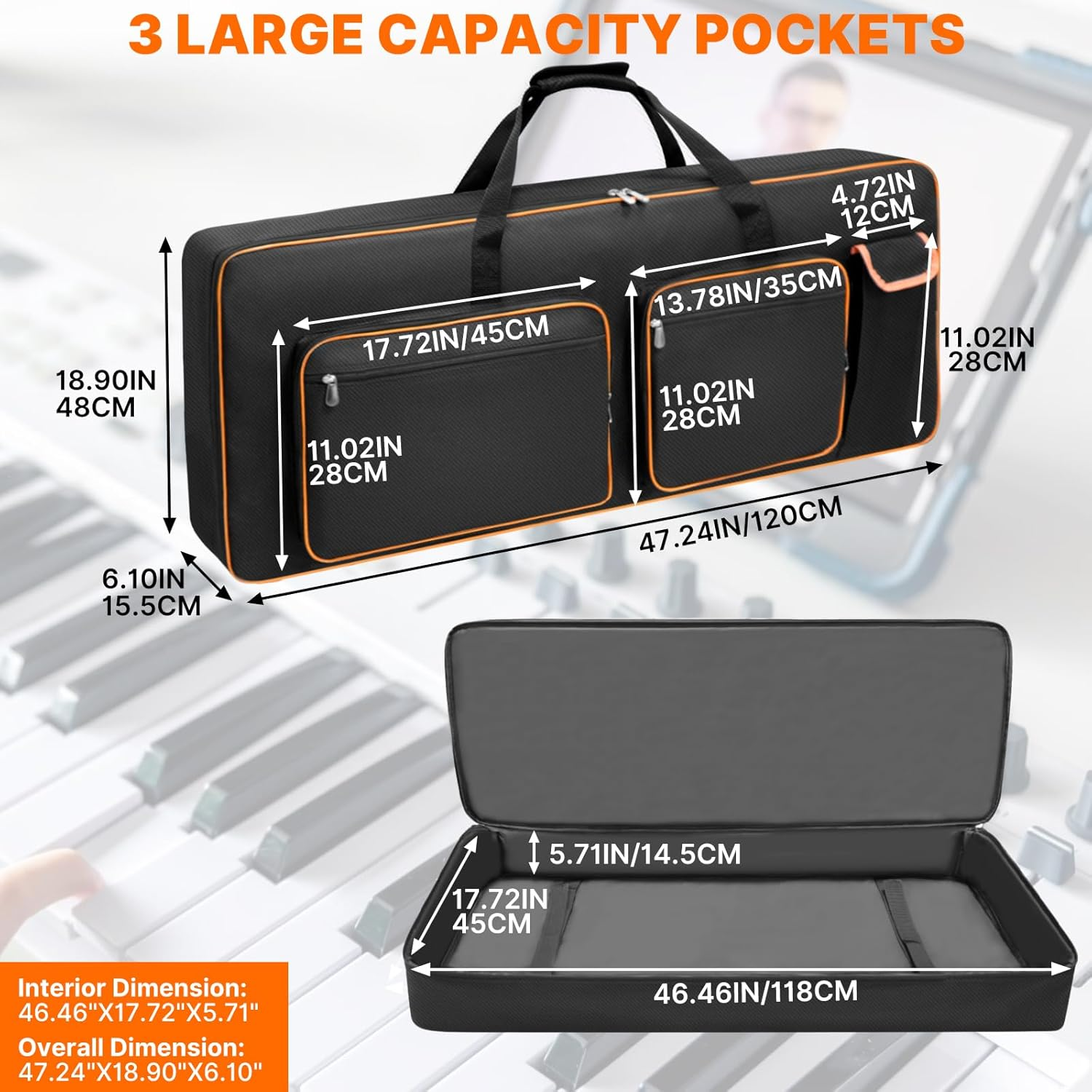 LIWSHWZ 76 Key Keyboard Case,10Mm Pearl Cotton Full Padded Electric Piano Keyboard Gig Bag with Handles,Adjustable Shoulder Straps,46.4"X17.7"X5.7"Waterproof Piano Keyboard Bag with 5 Accessory Pocket image number 3