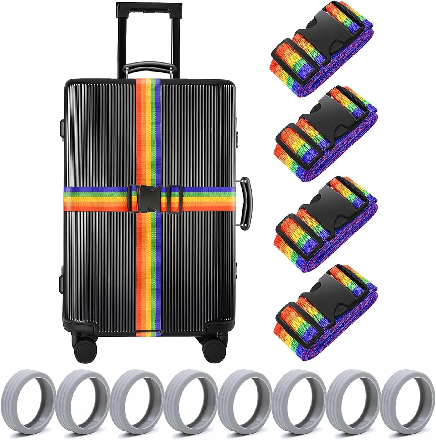 MKUCCD 8PCS Silicone Luggage Wheel Protective Covers and 4 Pack Luggage Straps 1.85M Long, Belts Keep Suitcase Secure While Traveling (Green/Orange)