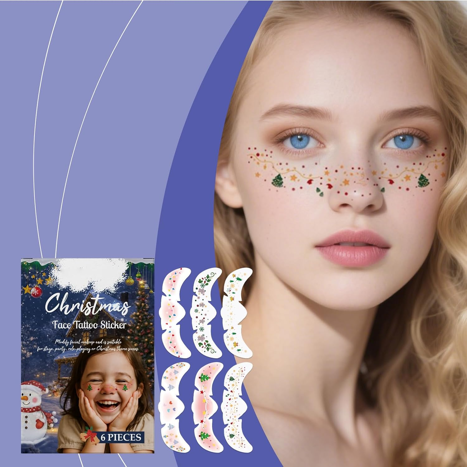 KOAHDE Christmas Tattoos Face Stickers, Pack of 6, Christmas Temporary Tattoos Children, Realistic Face Tattoos, Children, Girls,