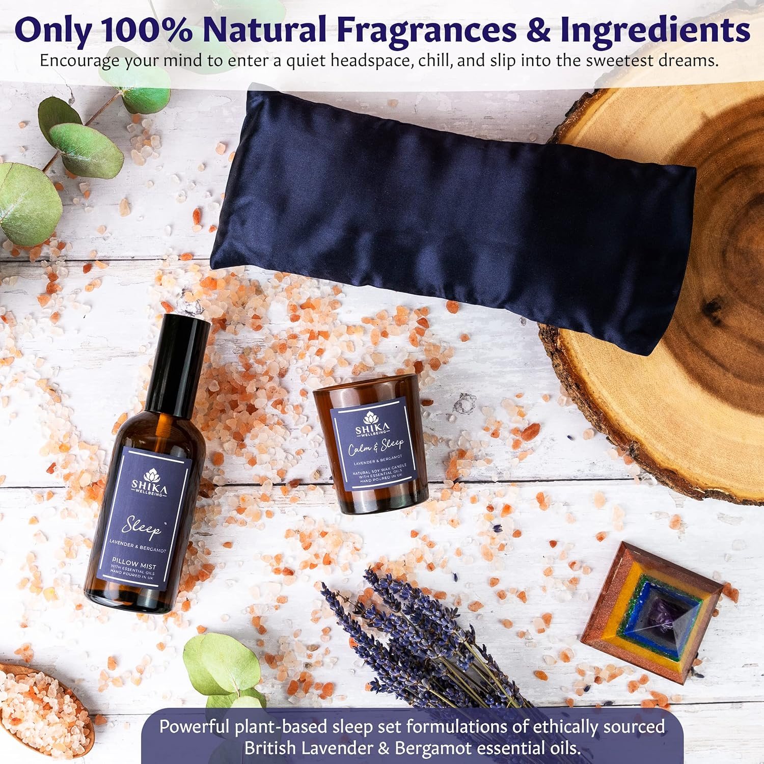 Shika Wellbeing LUXURY SLEEP WELL Pamper Gift Set for Women 100% Silk Lavender Eye Pillow, Pillow Mist, Aromatherapy Candle, Relaxing Bath Salts, 7 Chakra Pyramid Crystal MADE in UK image number 4