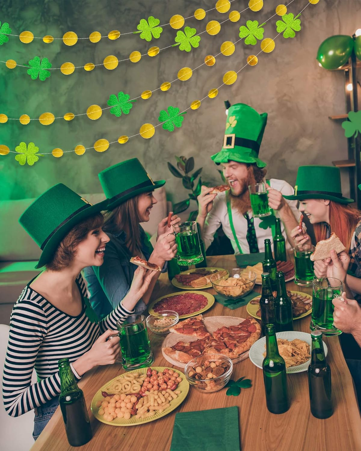 SONGTIY Glitter Green Clover Garland with Gold Circle Dots, Irish St. Patrick'S Day Shamrock Banner, Streamer Backdrop Hanging Decorations, for Spring Baby Shower Birthday Party Decor, image number 1