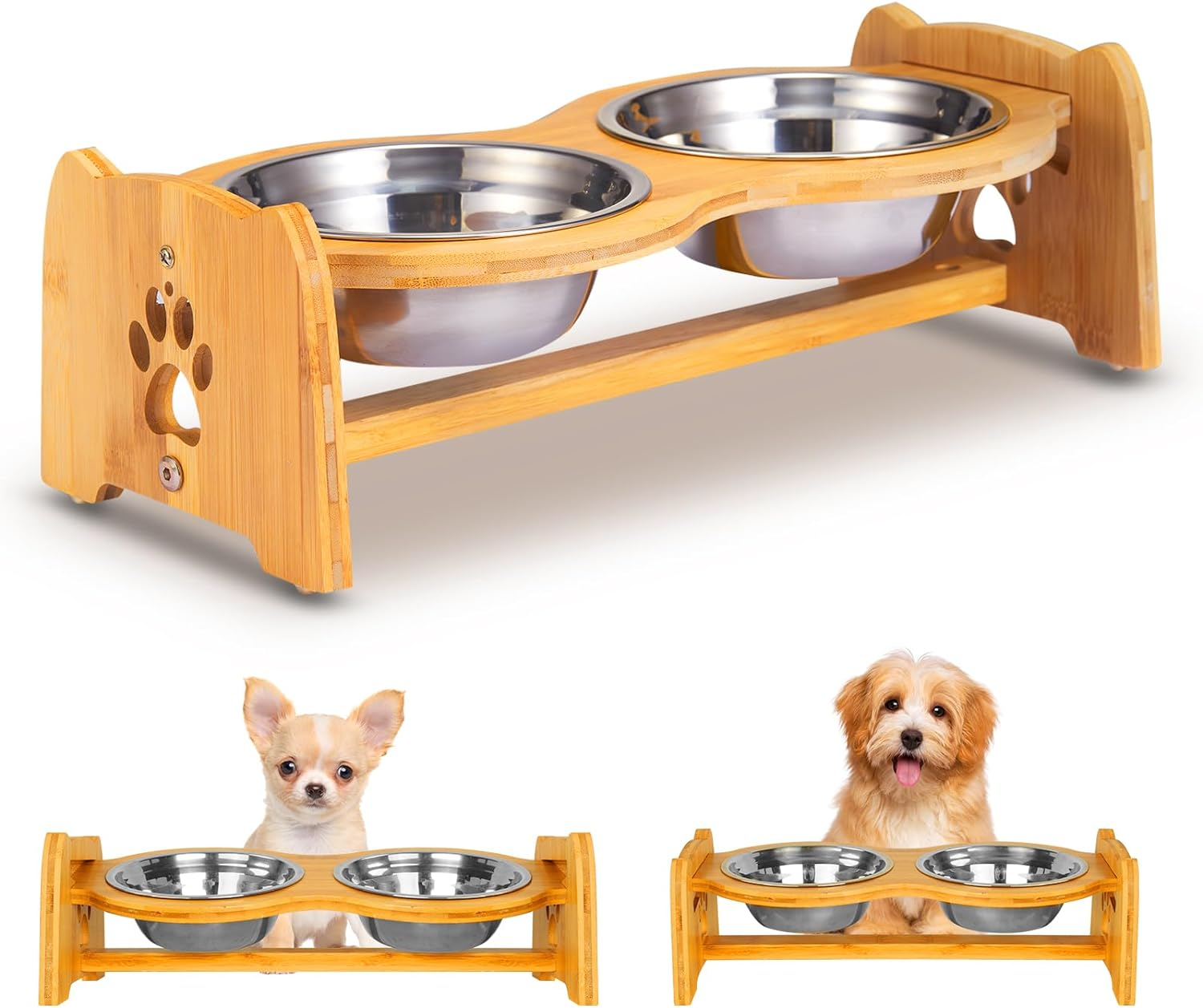 X-ZONE PET Raised Pet Bowls for Cats and Dogs, Adjustable Bamboo Elevated Dog Cat Food and Water Bowls Stand Feeder with 2 Stainless Steel Bowls and anti Slip Feet (Height 4") image number 5